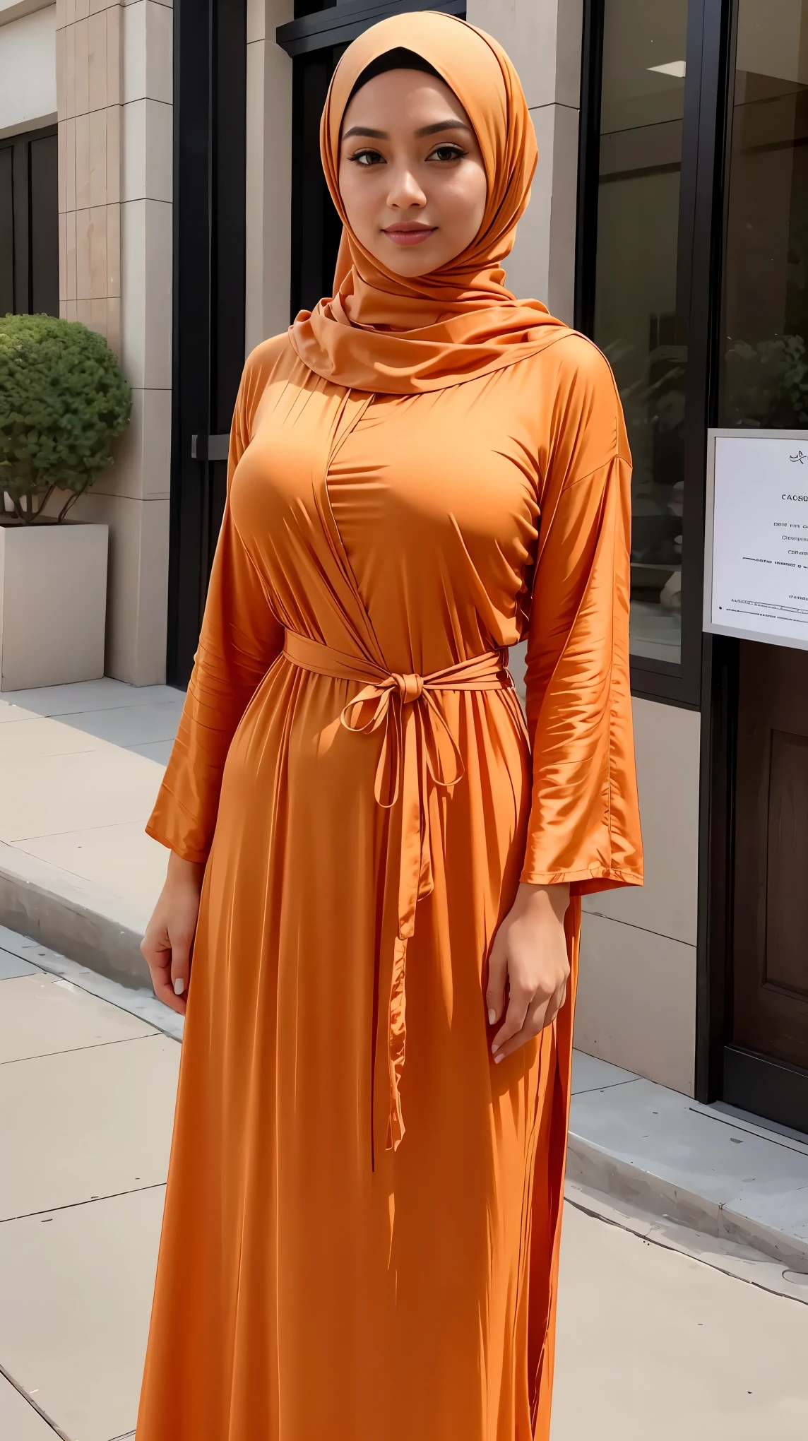 RAW, Best quality, high resolution, masterpiece: 1.3), beautiful Malay woman in hijab, Masterpiece, perfect fit body, big breasts,thick thighs, beautiful face, beautiful big eyes, Soft smile, ((close up)), muslim woman wearing a hijab, standing on a sidewalk, long tunic, stylish dress, simple dress, casual clothing style, long shirt, long light orange robe, illustrious clothes, casual modern clothing, beautiful soft silky dress, modern casual clothing, fashion clothing, beautiful clothes, trendy clothes, beautiful silky dress, orange and black, modest flowing gown, modestly dressed