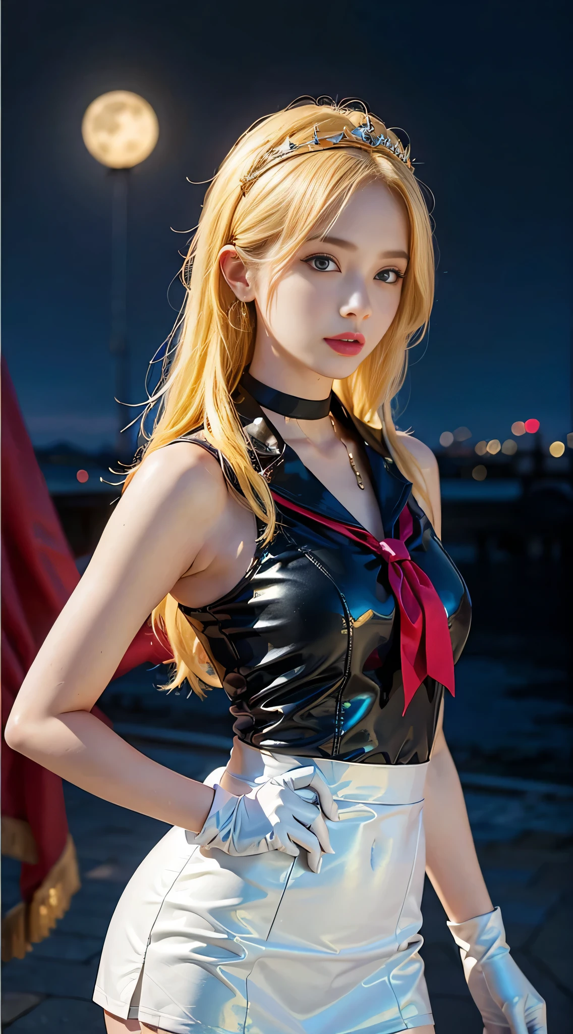 ((masterpiece:1.4)、(highest quality:1.4)、(realistic:1.7))、masterpiece:1.4、(Finest rendering:1.4)、beautiful girl、(beautiful girl戦士セーラームーン:1.4)、moon野うさぎ、body fit sexy sailor senshi uniform、(shiny latex)、(The jacket is a white sleeveless sailor uniform.....)、(Skirt Blue Sexy Ultra Ultra Pleated Mini Skirt)、There are two thin blue lines on the collar of the sailor uniform.................、high leg swimsuit、red cloth decoration on the chest、(wearing white gloves)、pretty girl、super beautiful、sharp focus、portrait photography:1.4、8K、realistic photo images:1.4、(perfect female body:1.4)、perfect proportions、(Upper body shot:1.4)、beautiful face、beautiful eyes、tight waist、(足が長くスタイルの良いbeautiful girl:1.4)、beautiful feet、(yellow hair:1.4)、(long hair:1.2)、beautiful breasts、big breasts:1.2、sexy ass、RAW photo、red lips、red high heels:1.4、choker:1.4、necklace:1.4、earrings:1.4、luxurious golden tiara:1.4、1 screen display、moon、universe、universe船、universeステーション、city of the future