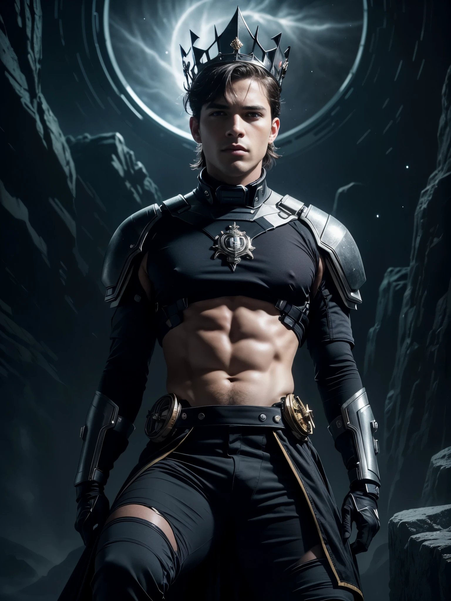 (photorealistic),masculine and beautiful men, full body shot. A photograph of a 18 years old male model shirtless, he is sitting at the edge of futuristic throne, he is wearing a (dark evil masculine crown:1.4), and tight black futuristic pants, and looks Italian man, with light blue eyes, white pale skin, short dark hair, short brown hair, messy wavy hair, defined body, fit body. Set the scene out space, galaxies, stars and planets in the background, with a dim light coming from a huge window, amazing architecture. Masterpiece:1.5, dramatic lighting, dark night, diffuse light, (dark atmosphere:1.5), best quality, beautiful lighting, realistic, real image, intricate details, everything in razor sharp focus, perfect focus, male focus, perfect face, extremely handsome, extremely muscular, Photograph, masterwork, supreme resolution, 32K, ultra-defined, extremely shallow depth of field, very defined faces, excellent quality, dramatic lighting, deep shadows. dynamic pose. Camera settings to capture such a vibrant and detailed image would likely include: Canon EOS 5D Mark IV, Lens: 85mm f/1.2, ISO 100, 1/500 sec
