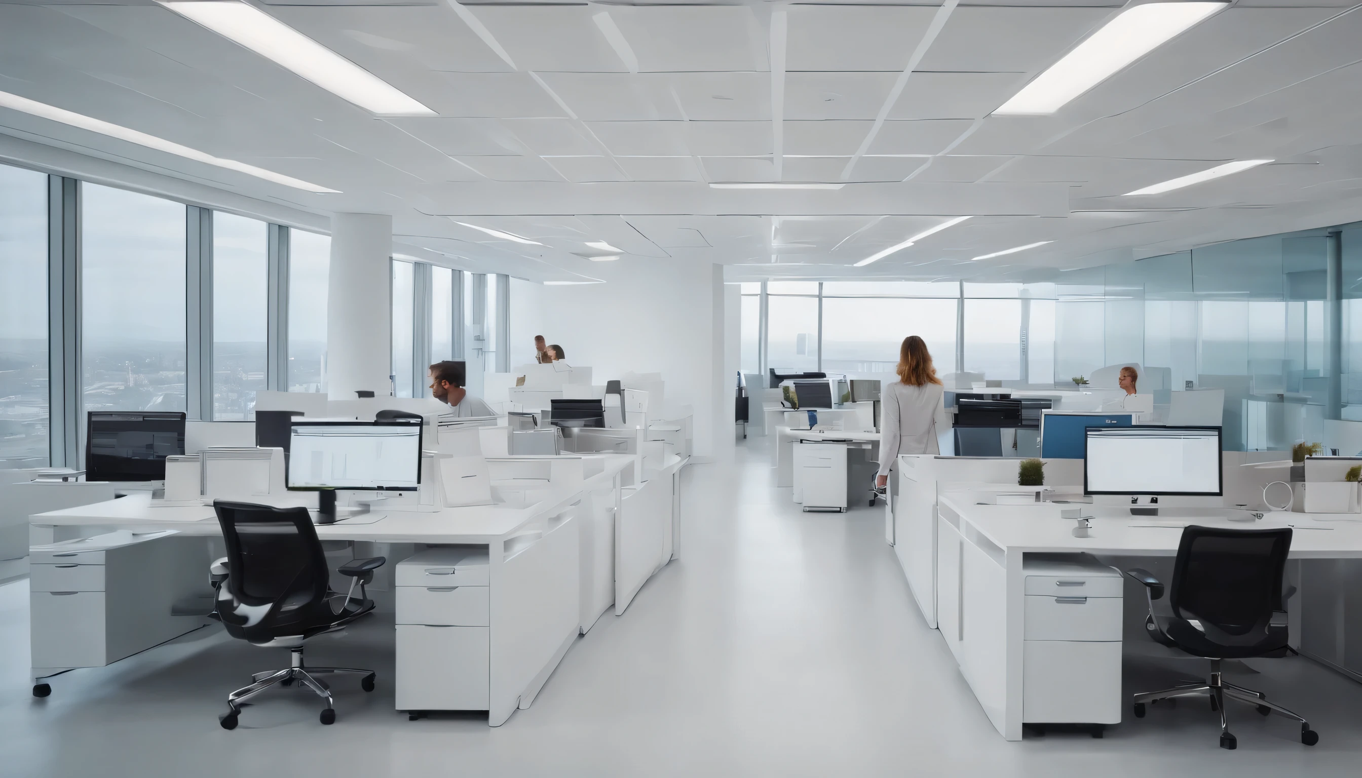 A caring person in an all-white office, parede de vidro, a building seen from above the office at the top of the building, attentive employee the employee in the foreground 4k, trabalho, escritóri