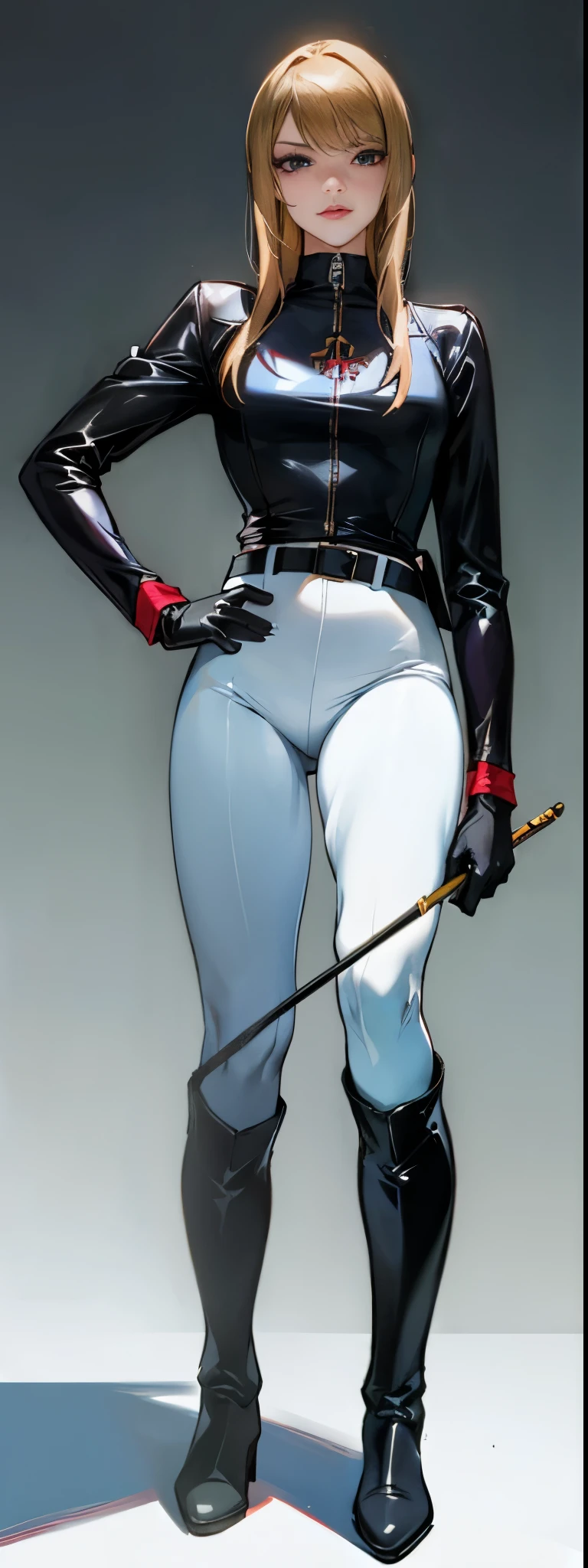(highest resolution, distinct_image) best quality, a woman, solo, masterpiece, highly detailed, semi realistic, brown hair, bangs, 23 years old, (large breasts:0.5),mature, young, tall strong,(plain and simple uniform),( plain minimalist military uniform),(luxury hotel room background:1.2), cold, serious, tall, handsome, autocratic, powerful, demi-god, exquisite facial features, exquisite facial features, (full body)(black knee-high boots:1.4)(dominatrix:1)(white Yoga pants:1.3),(black leather gloves:1.5)(red active sportswear shirt):1.3,(samus),solo,1girl,(looking at viewer),(from below:1.1)(head turned upwards:0.3)(smiling:0.4)(bodysuit:0.1)(holding riding crop:1.2)(muscular:0.85),(black belt:1.3), (shirt tucked in pants),(standing on ground), (marble floor)(mean:0.4)(seductive:0.5)(evil:0.6),detailed,(tall face:0.25)(abs:0.4)(bdsm Equipment), (Pale eyes),(throne),Zelda,queen, military,uniform, confident,smirk,evil, yandere,stairing,obsessive,obsessed,pretty eyes,