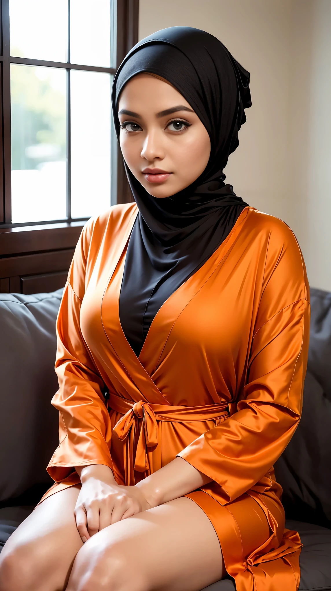RAW, Best quality, high resolution, masterpiece: 1.3), beautiful Malay woman in hijab, Masterpiece, perfect fit body, big breasts,thick thighs, beautiful face, beautiful big eyes, Soft smile, ((close up)), muslim woman wearing a hijab, sitting on a bed, long tunic, stylish dress, simple dress, casual clothing style, long shirt, long light orange robe, illustrious clothes, casual modern clothing, beautiful soft silky dress, modern casual clothing, fashion clothing, beautiful clothes, trendy clothes, beautiful silky dress, orange and black, modest flowing gown, modestly dressed