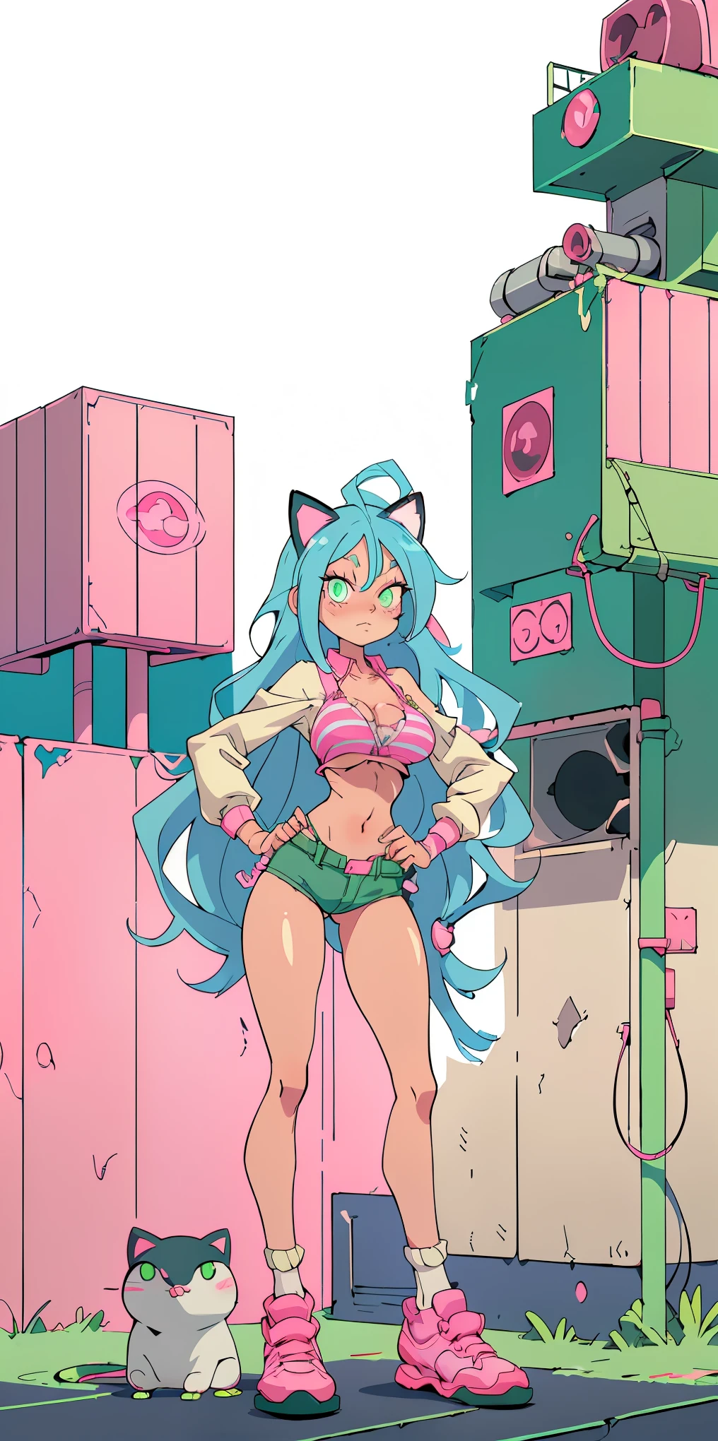 1 woman, Long blue hair with pink stripes, smooth, green eyes, Bored face , cat ears , Pink bikini , abdomen, big breasts , Long legs , open your legs. , stand on your hips... , thick socks , canvas shoes , abandoned factory,