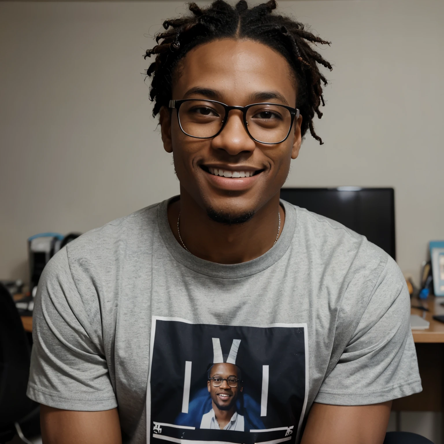 8k, best quality, (photorealistic:1.4), raw photo, An African American man with light skin tone, Freeman, graphic designer in his early 30s with very short curly dreadlock hair and glasses. He is wearing a t-shirt and has a friendly smile on his face. He spots short beards. The background is a designer’s office. The image is realistic and has high quality.