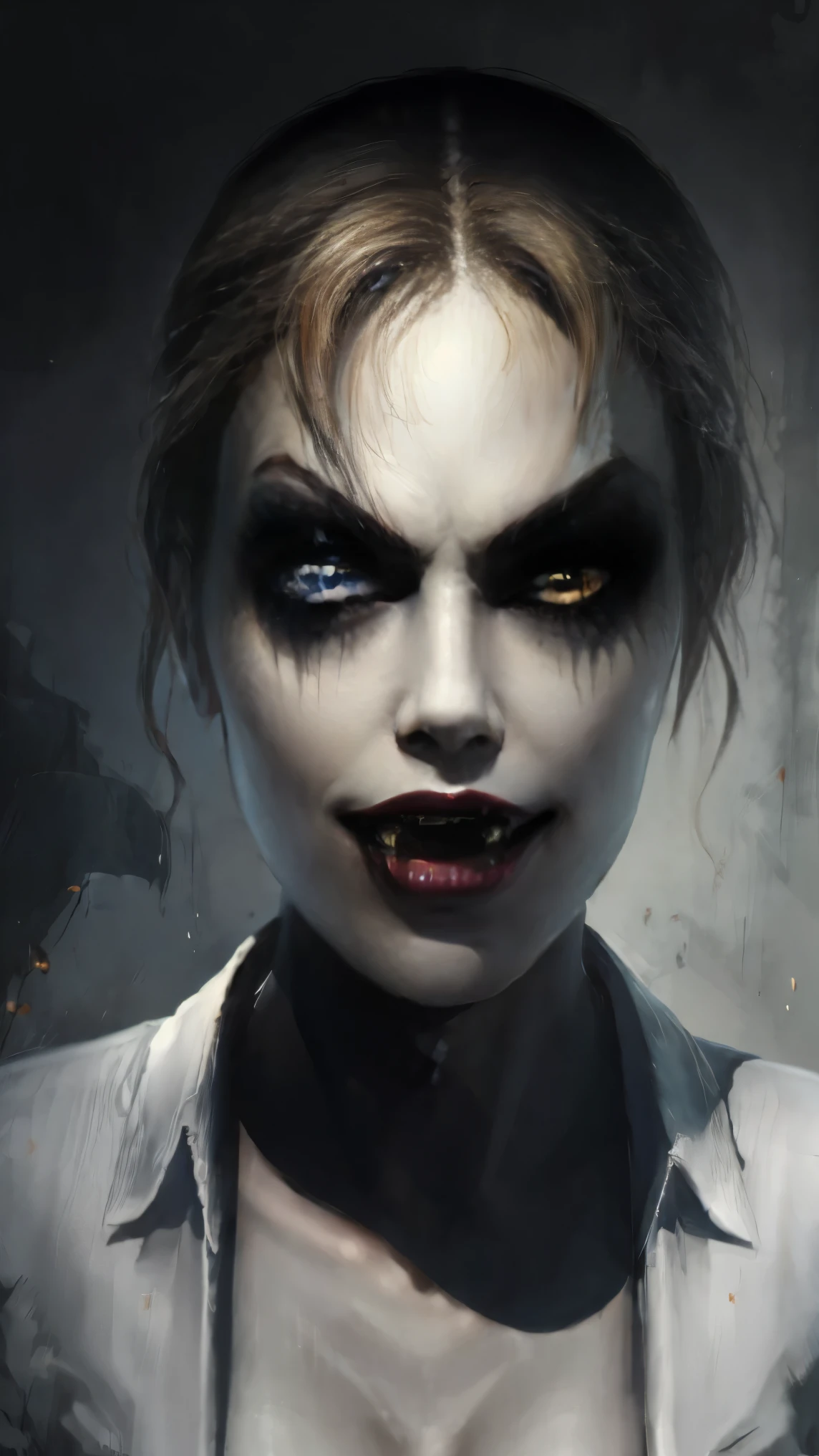 (best quality,4k,8k,highres,masterpiece:1.2),ultra-detailed,realistic,vivid colors,studio lighting,jeanette vampire,beautiful detailed eyes,beautiful detailed lips,extremely detailed eyes and face,longeyelashes,black dress,red lipstick,dark hair,sharp fangs,pale skin,mesmerizing gaze,sinister aura,subtle smoke effects,simple background