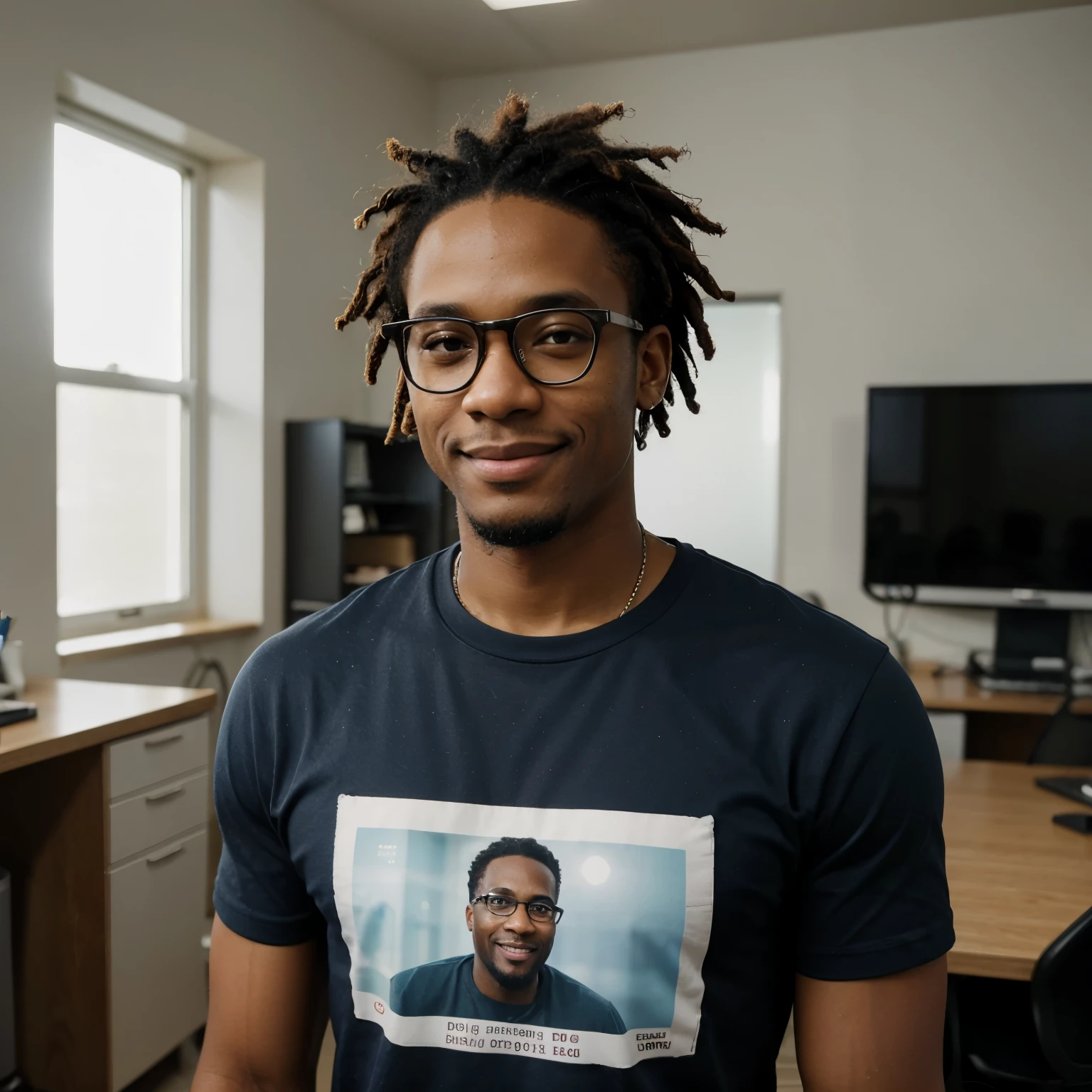 8k, best quality, (photorealistic:1.4), raw photo, An African American man with light skin tone, Freeman, graphic designer in his early 30s with very short curly dreadlock hair and glasses. He is wearing a t-shirt and has a friendly smile on his face. He spots short beards. The background is a designer’s office. The image is realistic and has high quality.