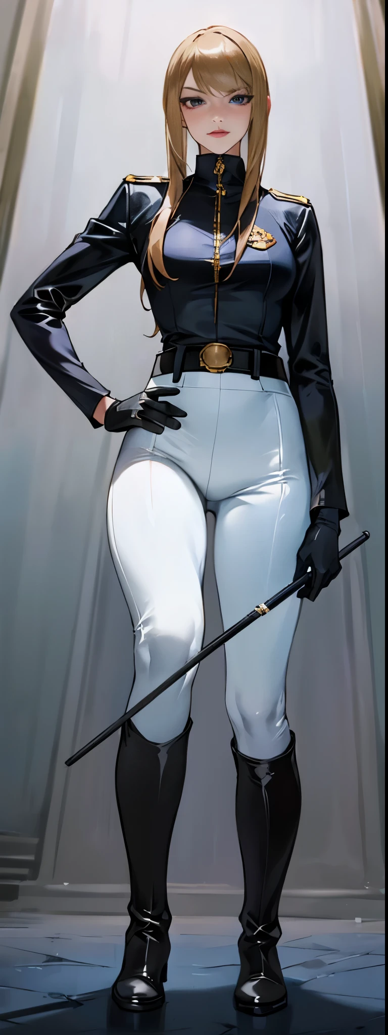 (highest resolution, distinct_image) best quality, a woman, solo, masterpiece, highly detailed, semi realistic, brown hair, bangs, 23 years old, (large breasts:0.5),mature, young, tall strong,(plain and simple uniform),( plain minimalist military uniform),(luxury hotel room background:1.2), cold, serious, tall, handsome, autocratic, powerful, demi-god, exquisite facial features, exquisite facial features, (full body)(black knee-high boots:1.4)(dominatrix:1)(white Yoga pants:1.3),(black leather gloves:1.5)(red active sportswear shirt):1.3,(samus),solo,1girl,(looking at viewer),(from below:1.1)(head turned upwards:0.3)(smiling:0.4)(bodysuit:0.1)(holding riding crop:1.2)(muscular:0.85),(black belt:1.3), (shirt tucked in pants),(standing on ground), (marble floor)(mean:0.4)(seductive:0.5)(evil:0.6),detailed,(tall face:0.25)(abs:0.4)(bdsm Equipment), (Pale eyes),(throne),Zelda,queen, military,uniform, confident,smirk,evil, yandere,stairing,obsessive,obsessed,pretty eyes,mature, (war glam),adult,milf