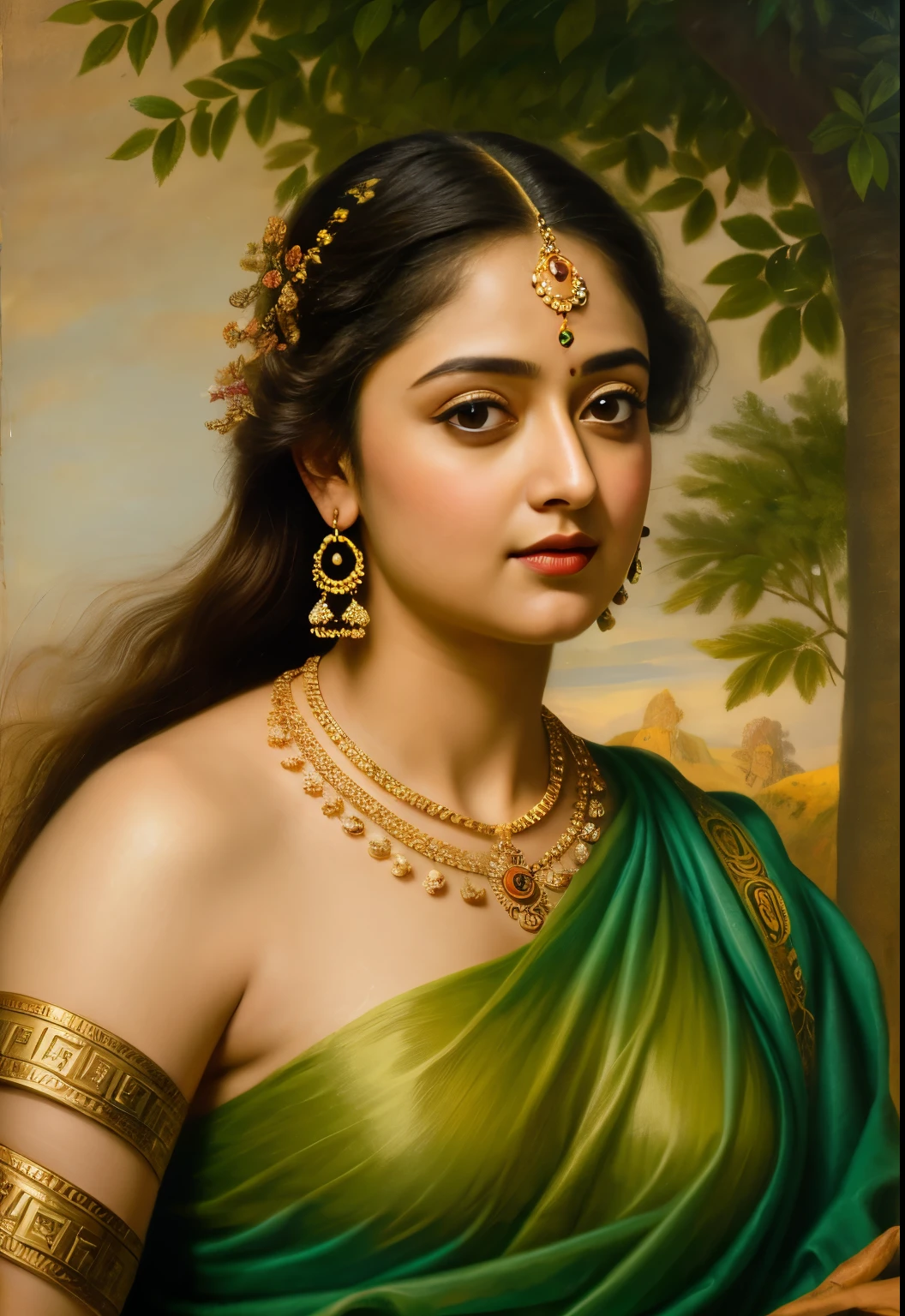 Looks like Anushka Shetty, Masterpiece, Best quality, high clarity eyes, beautifully styled hair, critically flawless,sharp picture, Full portrait, High pixels, perfect face, perfect eyes, beautiful face, perfect hands,perfect fingers, in Peter Paul Rubens style, by Peter Paul Rubens, baroque style, acrylic on canvas, highly detailed, description: "Create a nymph inspired by the tales of Greek or Roman mythology, embodying the essence of a natural element or location, and possessing a unique ability or trait that sets her apart."