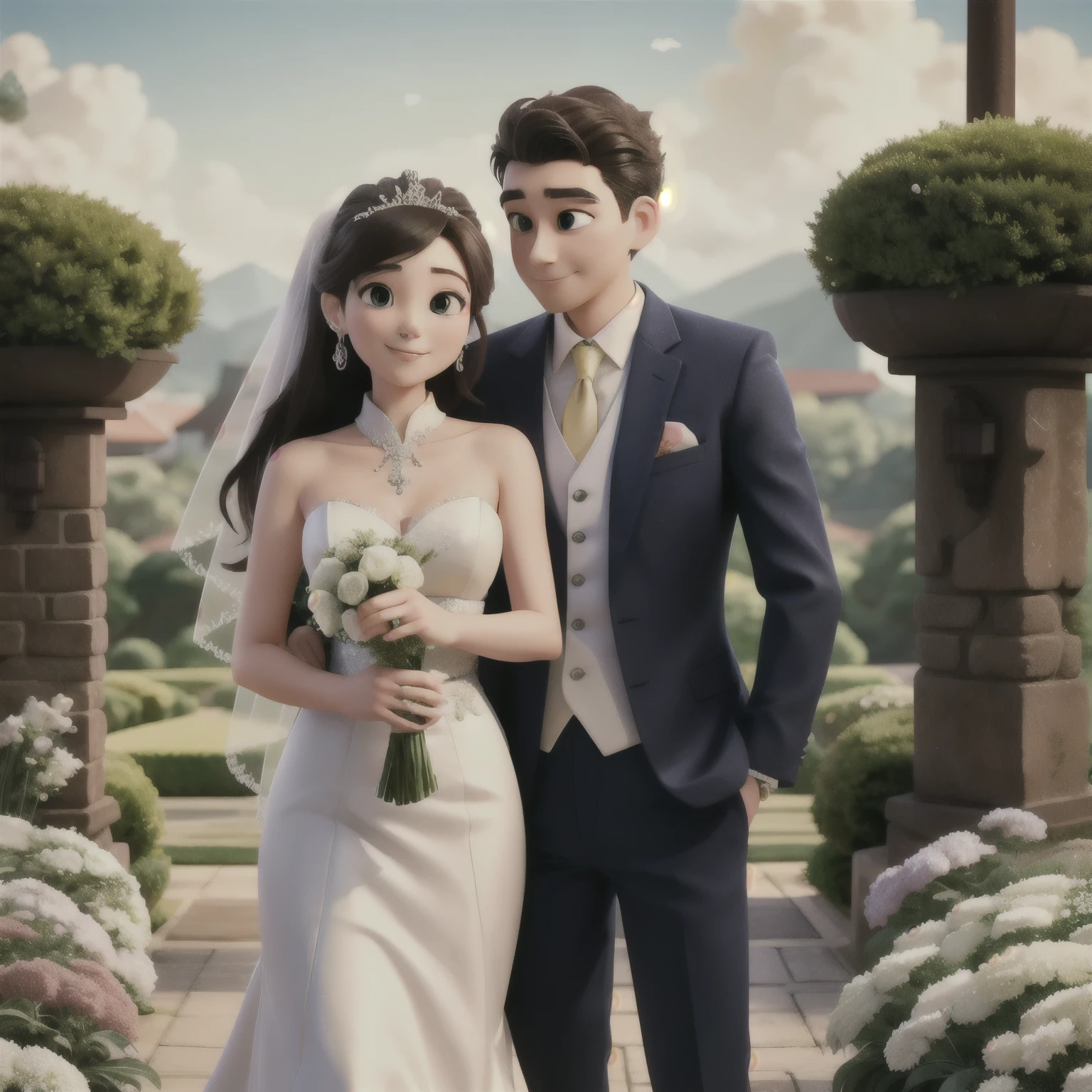 bride and groom standing together with bouquets of flowers in hand, lovely couple, couple pose, wedding photo, bride and groom, couple, ruan Jia and fenghua zhong, Jia, strict, an elegant couple, sha xi, 2 d CG, happy couple, couple portrait, wedding, White background, ao dai, romantic couple, Height 155 cm
