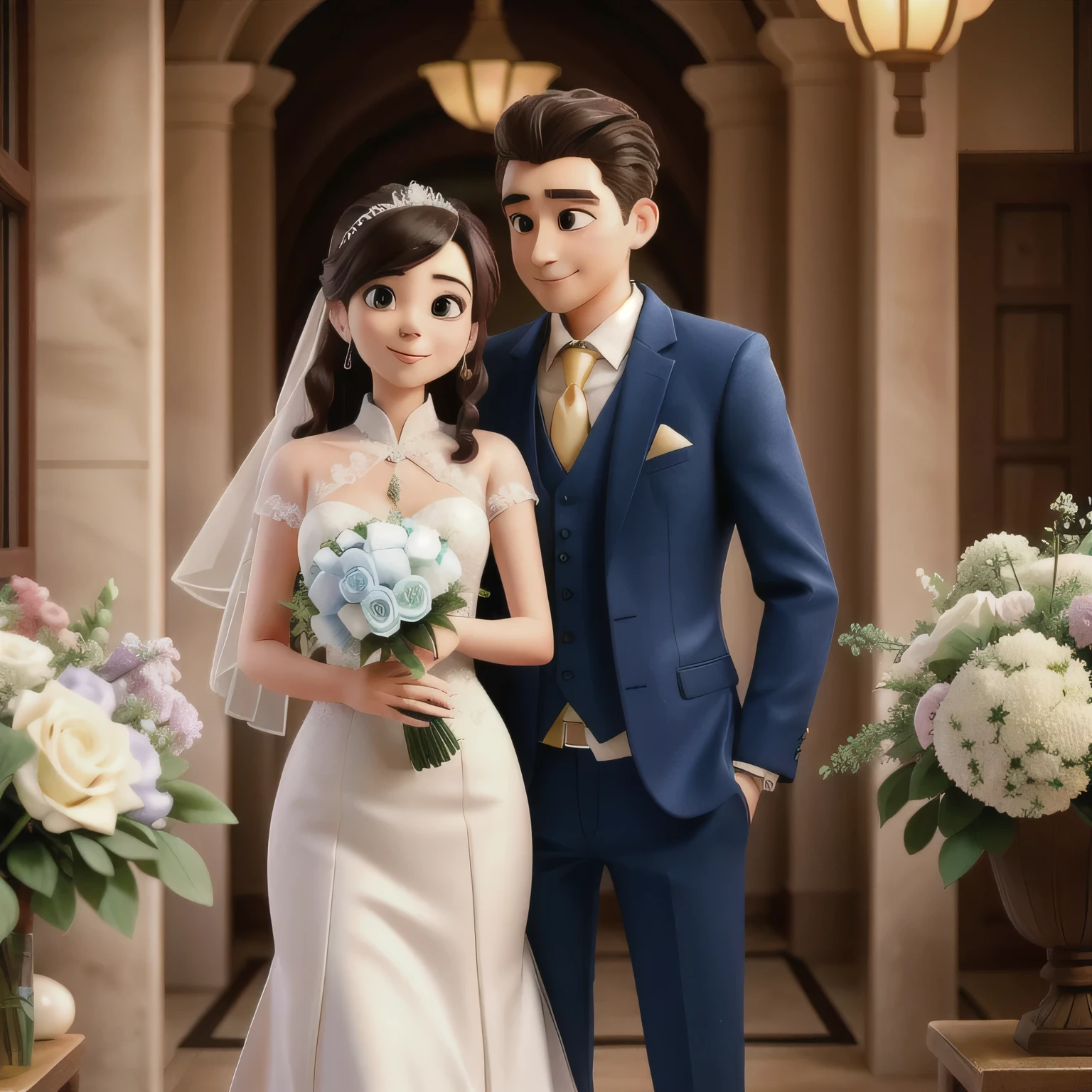 bride and groom standing together with bouquets of flowers in hand, lovely couple, couple pose, wedding photo, bride and groom, couple, ruan Jia and fenghua zhong, Jia, strict, an elegant couple, sha xi, 2 d CG, happy couple, couple portrait, wedding, White background, ao dai, romantic couple, Height 155 cm