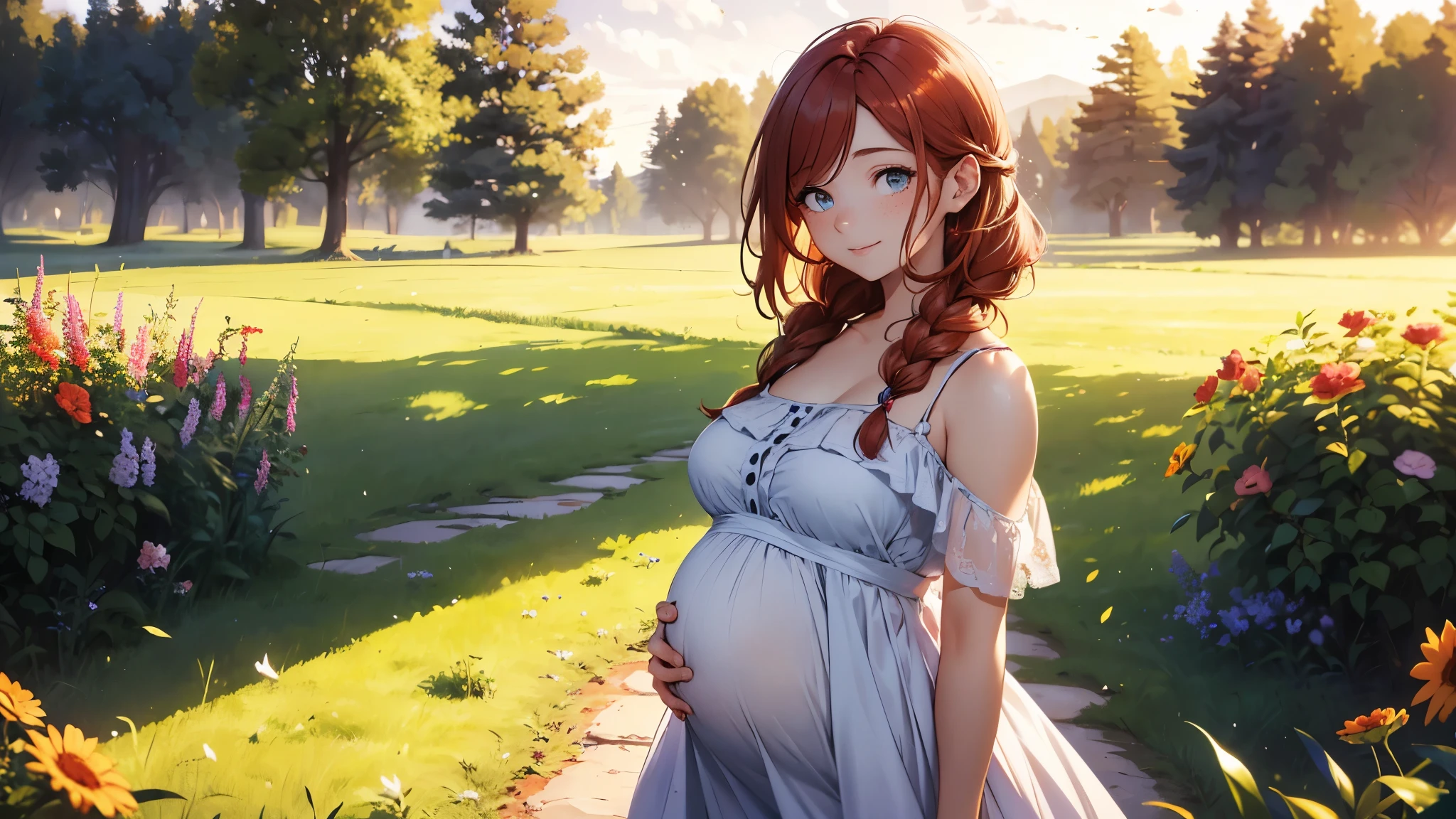 ((masterpiece,best quality,ultra detailed,ultra high res,detailed country yard background)), soft realistic focus, dynamic shadows, realistic image, vibrant colors,light leaks,dreamy atmosphere,chiaroscuro,BREAK
experimental charm, The girl is depicted in full growth, you see the girl from head to toe, (pregnat:1.3), nostalgic appeal, country girlfriend, she take you with yourself, simple open short dress, soft mischievous smile, freckles, shiny light red hair, she will take your hand, thick braids, (pregnat:1.3)