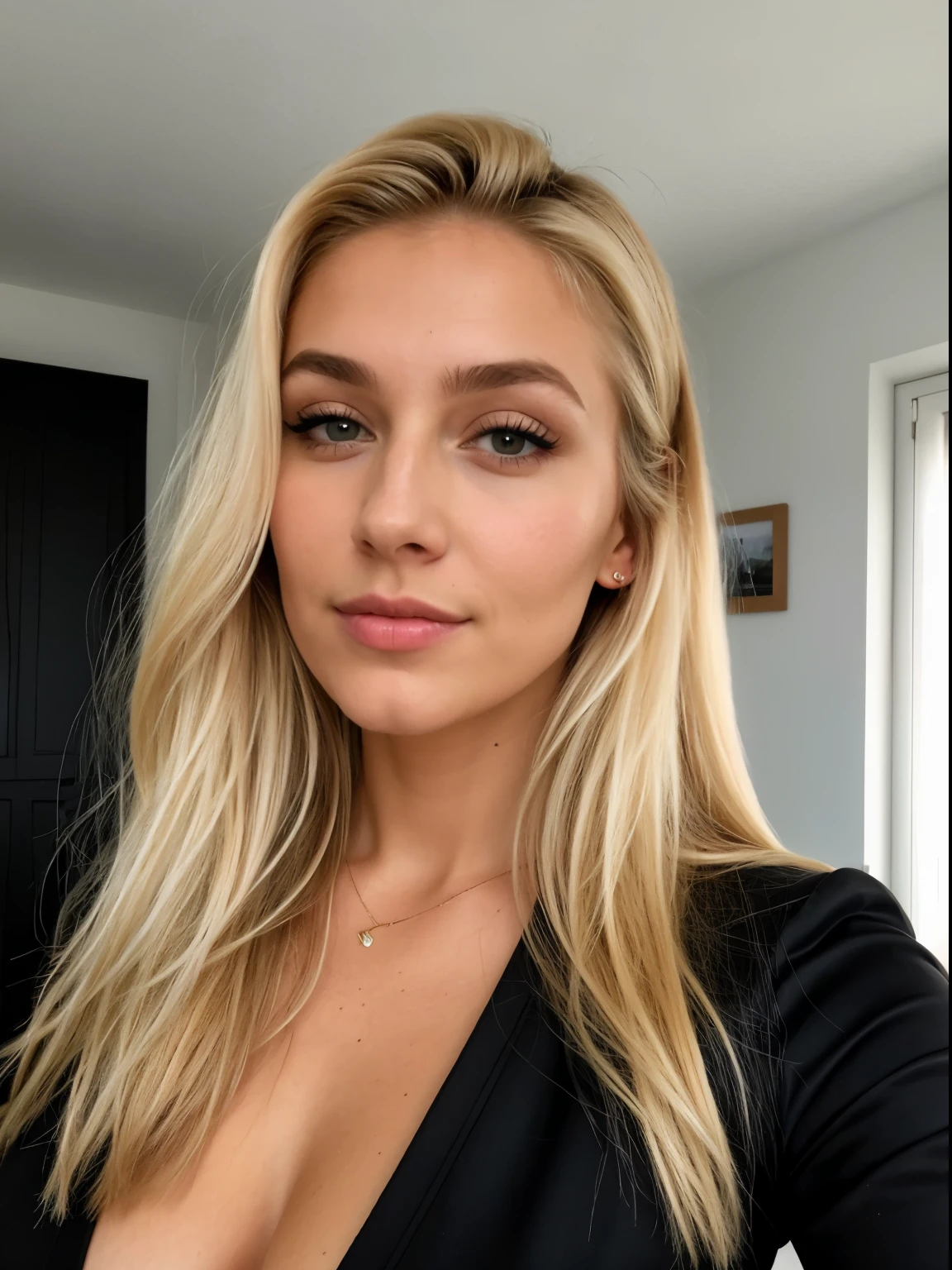 A 23 year old blonde woman, ((big )), ((Hyperrealismus)) ,. With “vxnessa_23__” written on the forehead, Blondes Haar mit hellbraunem Ansatz. blondes Haar, Haare mit braunen Wurzeln, extra langes Haar, sehr langes Haar, wirklich lange Haare, Nice, Vorderansicht, realistisches Gesicht,Selfie, Mit dem iPhone aufgenommenes Foto, elegant top with a large neckline with escote, escotada, Ausschnitt , haut eng,Selfie in the House , Good quality, Selfie iPhone, Dekollete, reizender Ausschnitt
