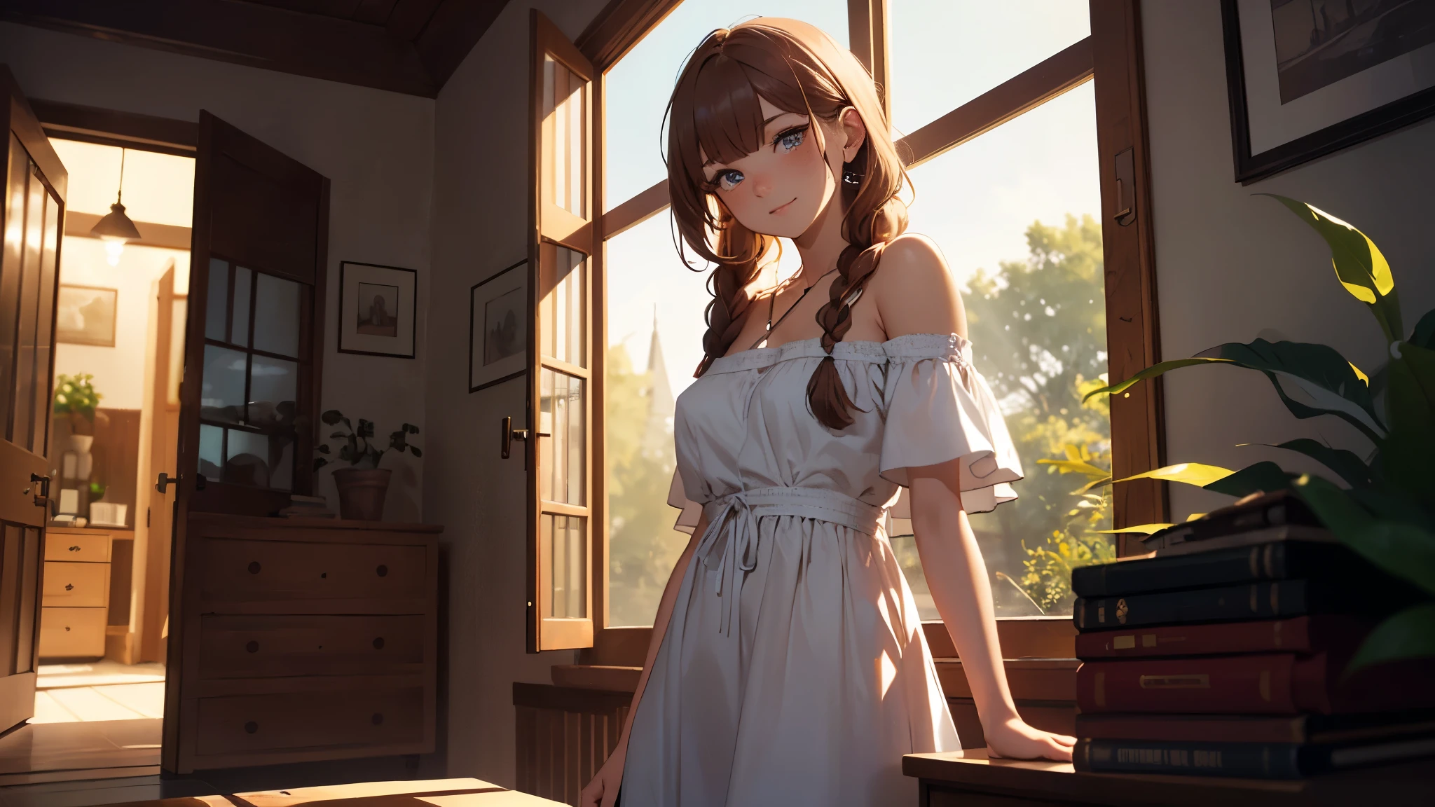 (beautiful woman wearing a babydoll), (perfect eyes), masterpiece, high quality, 2k, 4k, 8k, hd, pixiv. artstation, soft magical lighting, (golden hour:0.2), intricate details, detailed background of overgrown greenhouse (chubby:0.9)