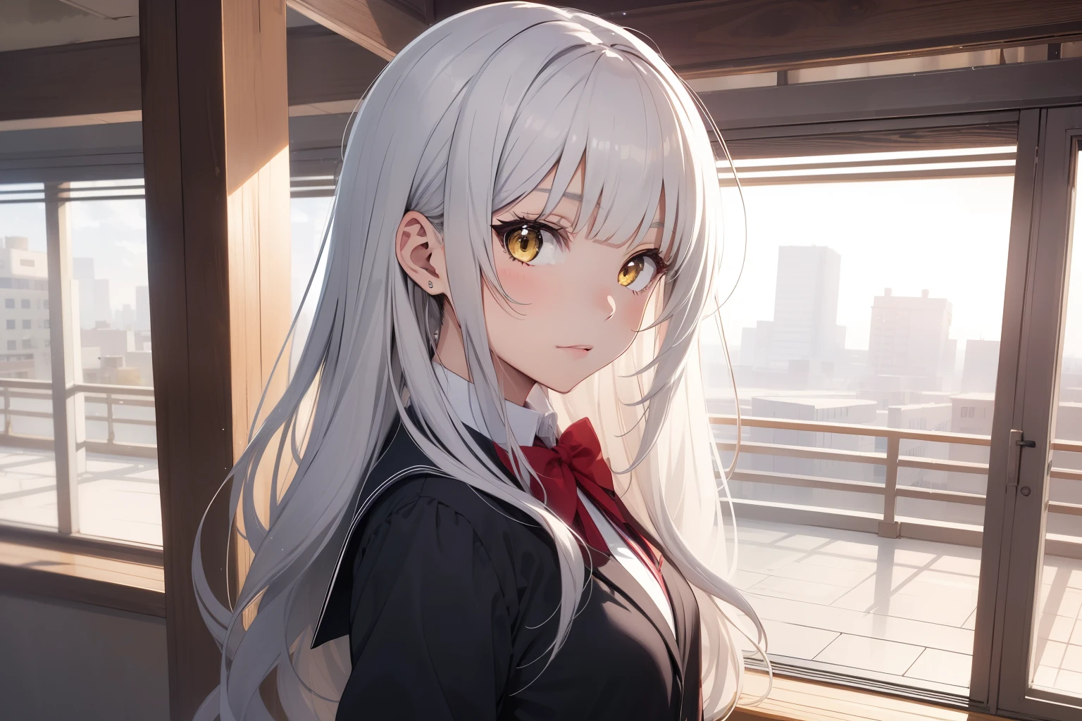 1girl, yellow eyes, style novel, dash isekai anime, long silver hair, blunt bangs, school uniform, vividas collors, style novel