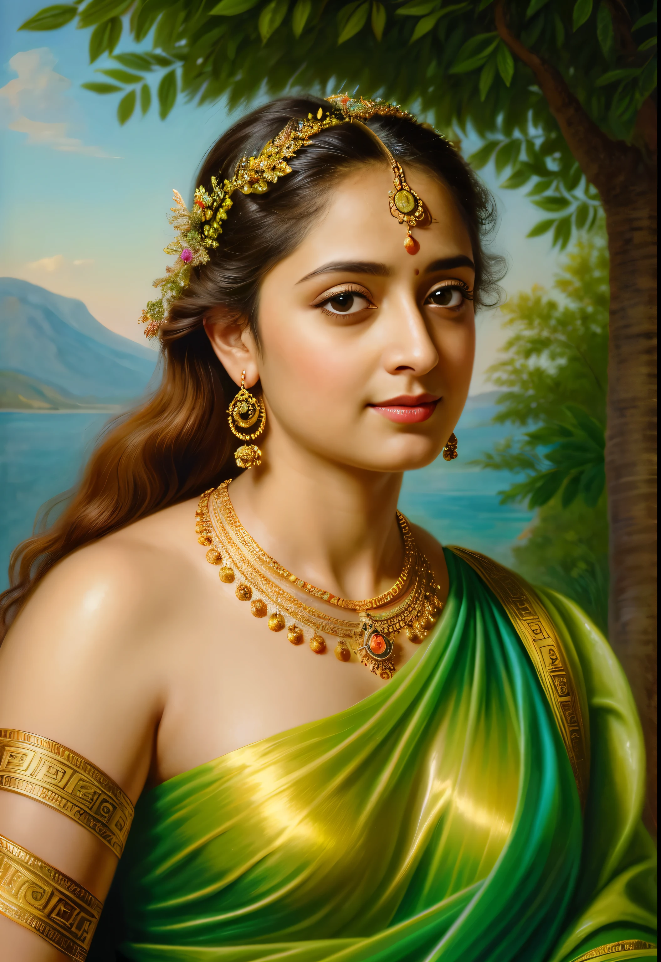 Looks like Anushka Shetty, Masterpiece, Best quality, high clarity eyes, beautifully styled hair, critically flawless,sharp picture, Full portrait, High pixels, perfect face, perfect eyes, beautiful face, perfect hands,perfect fingers, in Peter Paul Rubens style, by Peter Paul Rubens, baroque style, acrylic on canvas, highly detailed, description: "Create a nymph inspired by the tales of Greek or Roman mythology, embodying the essence of a natural element or location, and possessing a unique ability or trait that sets her apart."