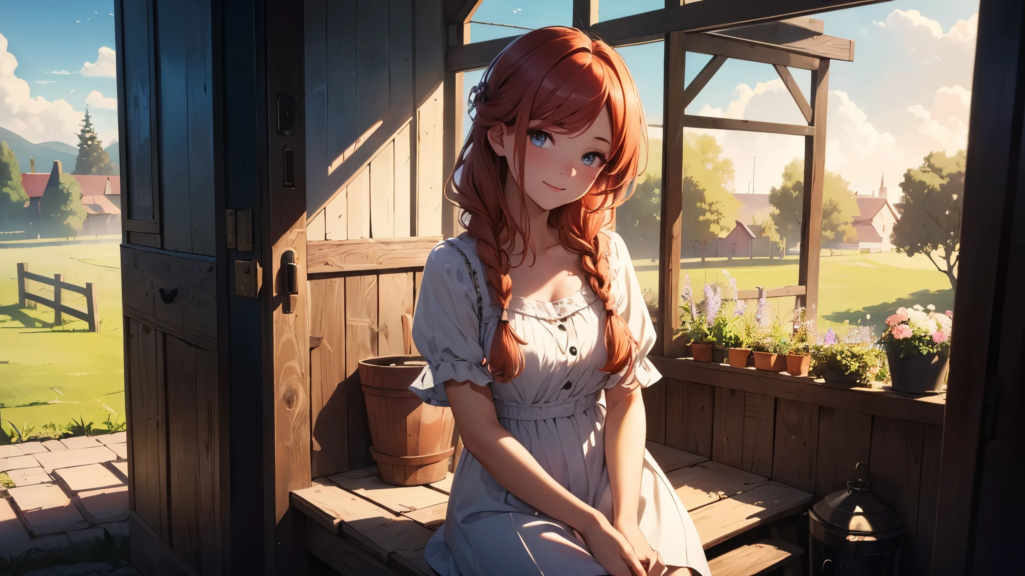 ((masterpiece,best quality,ultra detailed,ultra high res,detailed country yard background)), soft realistic focus, dynamic shadows, realistic image, vibrant colors,light leaks,dreamy atmosphere,chiaroscuro,BREAK
experimental charm, The girl is depicted in full growth, you see the girl from head to toe, nostalgic appeal, country girlfriend, she take you with yourself, simple open short dress, soft mischievous smile, freckles, shiny light red hair, she will take your hand, thick braids