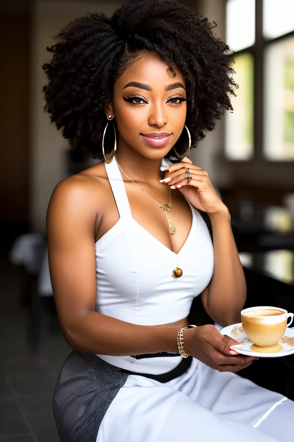 beautiful West Indian woman hair updo up-sweep sitting coffee in hand (chef-d'artwork) (best quality) (detailed) (8K) (HDR) (Fond d'screen) (cinema lighting) (Sharpness) (complexe)