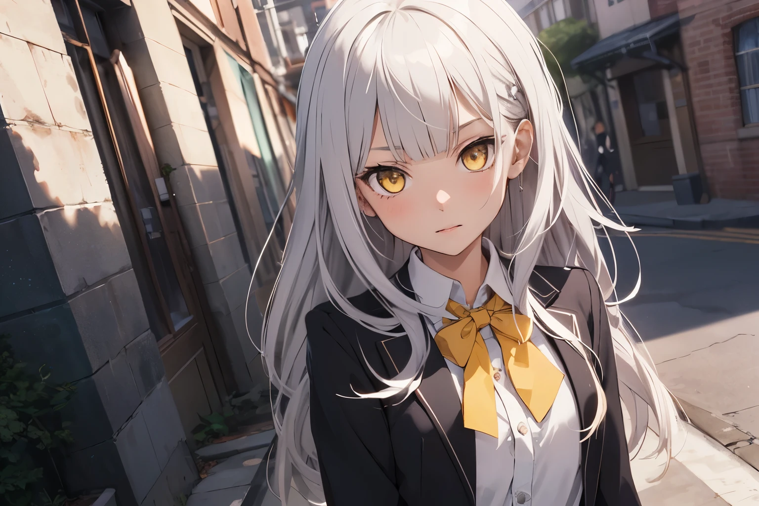 1girl, yellow eyes, style novel, dash isekai anime, long silver hair, blunt bangs, school uniform, vividas collors, style novel