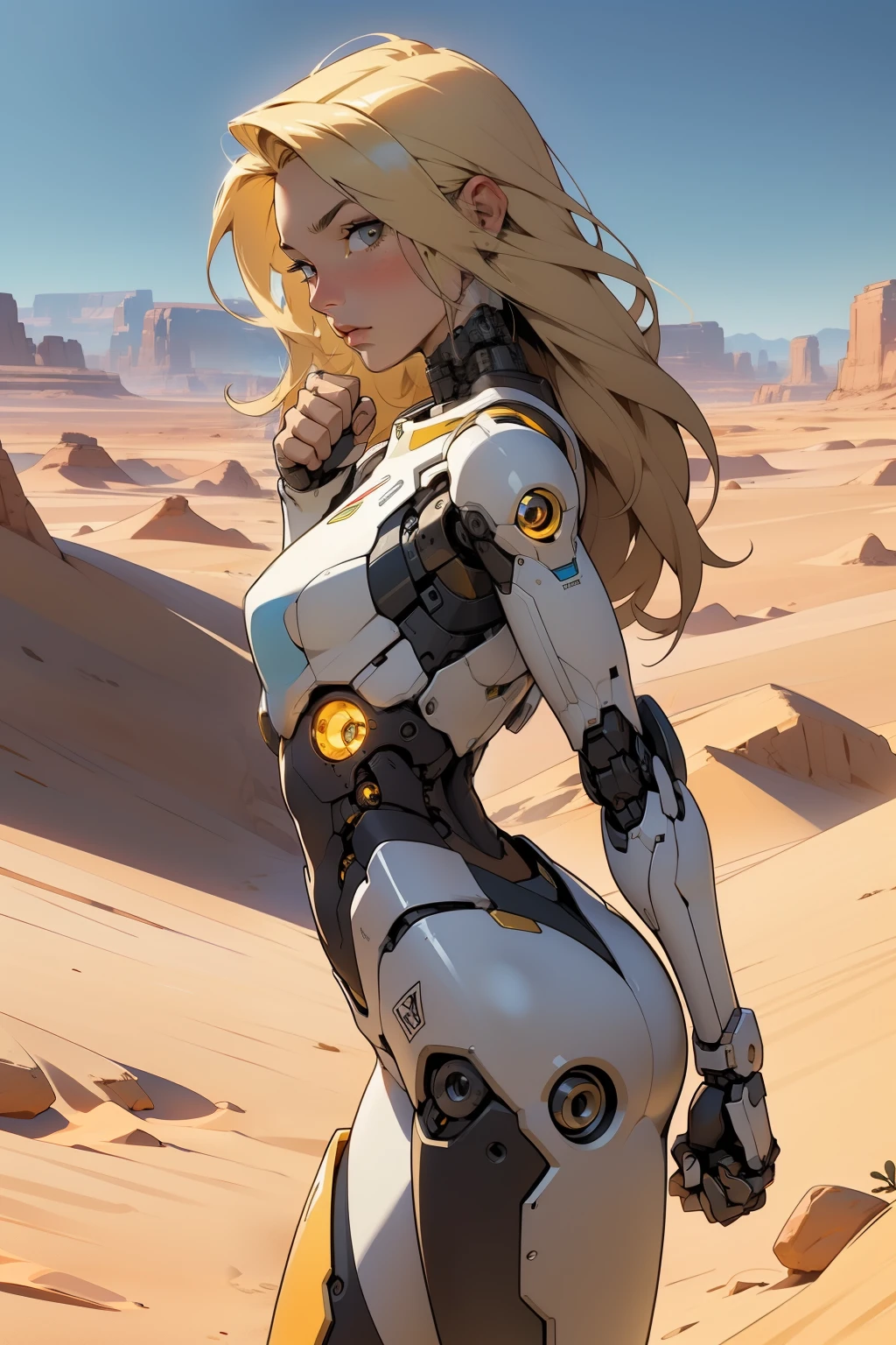 high quality, 4k, masterpiece, beautiful, cyborg girl, cowboy shot, dull eyes, back side, turning around to look at viewer, long blonde hair, girl, small breasts, fit thigh, robotic arms, robotic body, cyborg body, yellow accent, redaccent, intricate detail, joint, detailed lines, robotic detail, holding fist up, holding hand up as fist, color robotic parts, robotic parts with color, perfect fingers, on a desert planet, sunny background, colorful desert, a river in the background