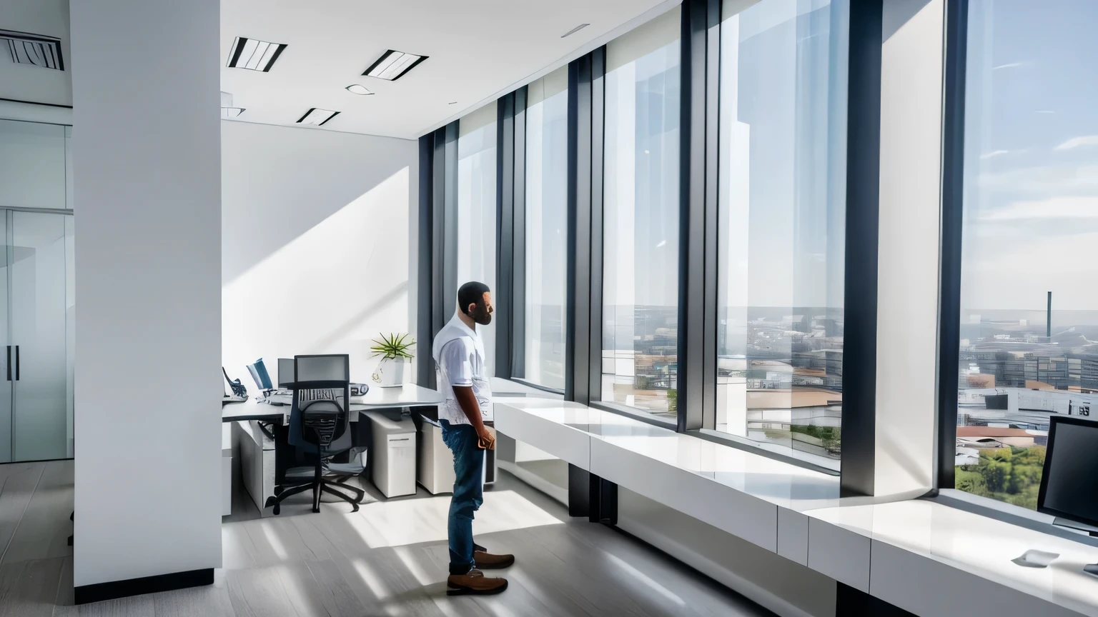 A pensive construction worker in an all-white office, parede de vidro, a building seen from above the office at the top of the building, attentive employee the employee in the foreground 4k, trabalho, Office and