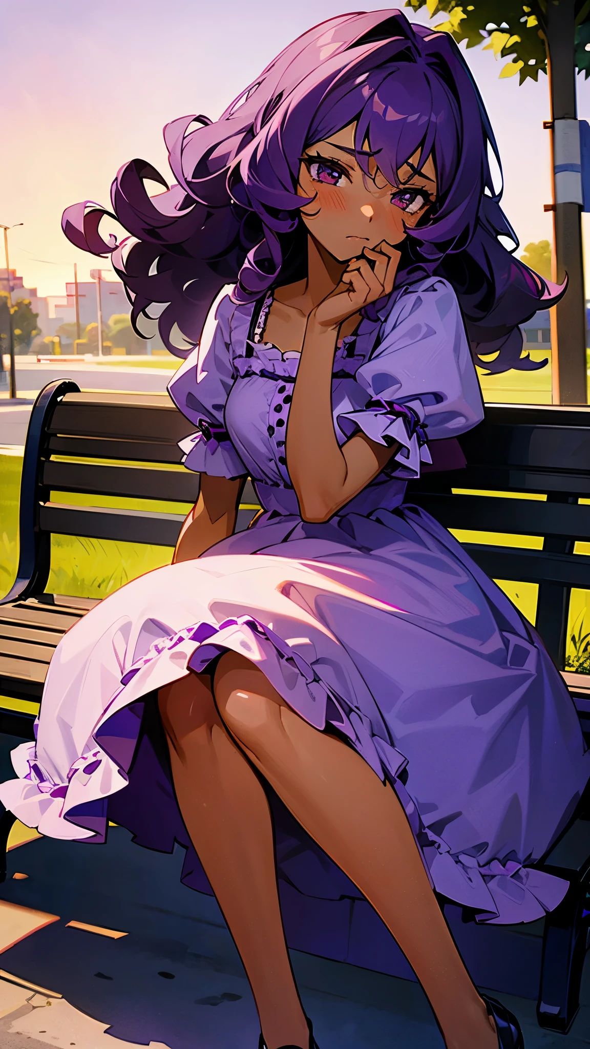 18 year-old girl, dark skin, purple colors, frilly girly dress, curly frizzy hair, fetal position, pleading expression, park bench, sunset