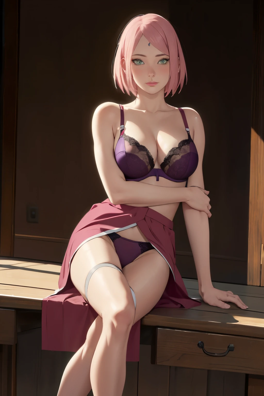 masterpiece, absurdres, sakura\(boruto\), 1girl, solo,mature female, gothic purple bra lenjerie, detailed gothic purple thong lenjerie, using skirt, no shirt, open clothes), perfect composition, detailed lips, breast, beautiful face, body propotion, blush, (pink lips), short hair,  green eyes,  soft gaze,  super realistic, detailed, photoshoot, realistic face and body, thighhighs, full body, erotic pose, provocative pose, waiting sex pose