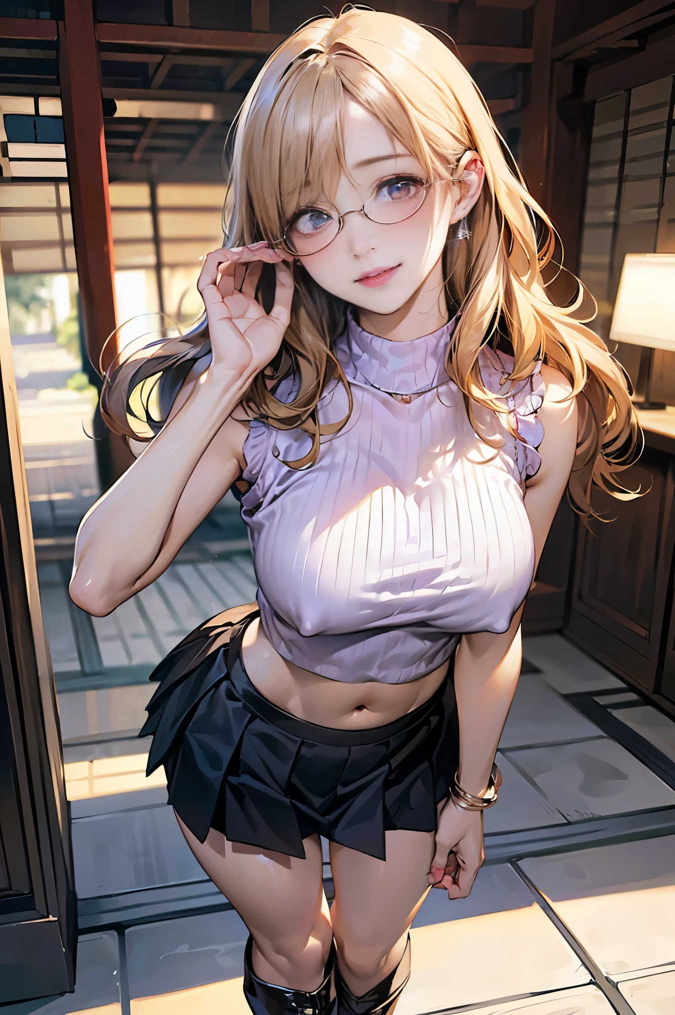 (masterpiece:1.3), High resolution, Super detailed, Highly detailed CG Unity 8K wallpaper, realistic, photo-realistic, RAW photo, beautiful detailed face, white skin, realistic glistening skin, fine cloth texture, detailed hair texture, perfect body, beautiful face, Accurate, anatomically correct, Highly detailed face and skin texture, natural neck length, (beautiful hands), (Fair skin:1.2), thin legs, thin legs,
break,
fine eyes, symmetrical eyes, light brown eyes, double eyelid, thin eyebrows, (glossy lips:1.4), (smile gently:1.2),
break,
(NSFW:1.2), (classy and cute girl:1.3), (1 girl, one girl), ((Wearing a violet sleeveless keyhole neck midriff short sweater:1.3)), ((Show below:1.4)), (white pleated mini skirt), (knee high boots), (wearing glasses:1.3),
(middle~big breasts, slender body shape, toned abdominal muscles, firm chest:1.2), beautiful clavicle,
(blonde hair, wavy hair, long hair:1.3), ((asymmetrical bangs:1.2)),
break,
((Walk near me in a fashionable house in Japan:1.3)), (looking at the viewer:1.2), ((focus on face:1.2)), choker
