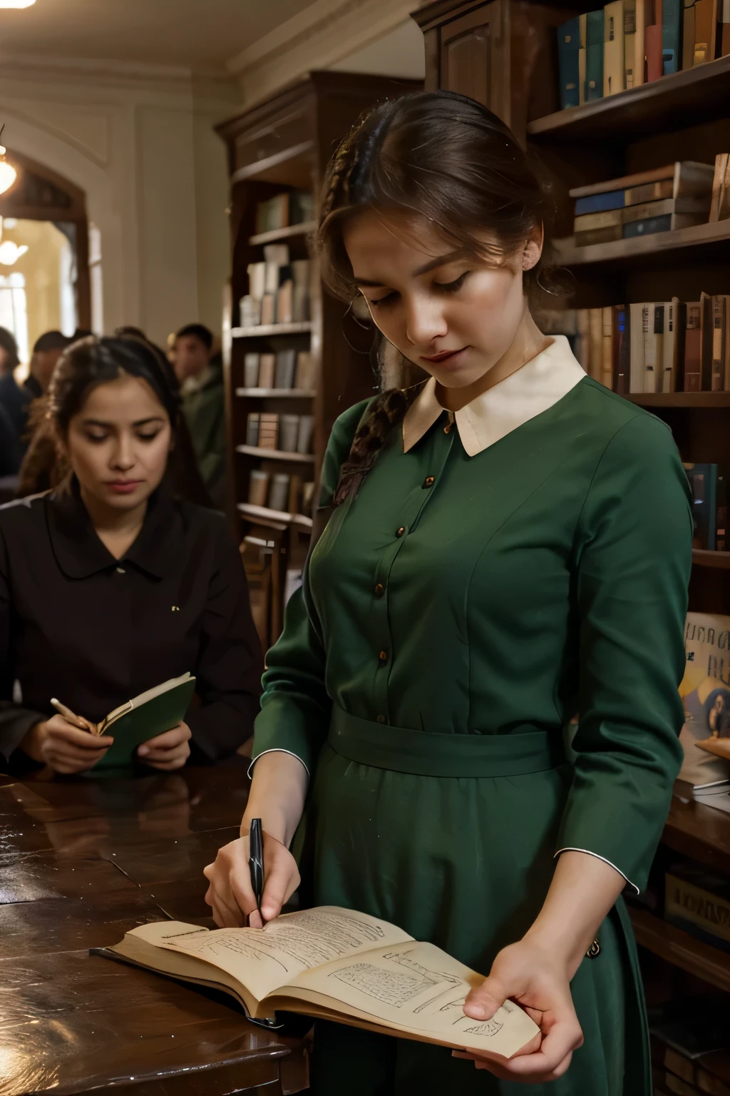 fairy tales, books,Bookstore,shops, uzbek, uniform book seller perfect, short hair up to the shoulders, cor ruiva, olhos verdes claros, seios pequenos,uzbek girl in her 20s, Fantasy,staff,guest,dream,department store,showcase,people,Employees,night scene,students are discussing among themselves