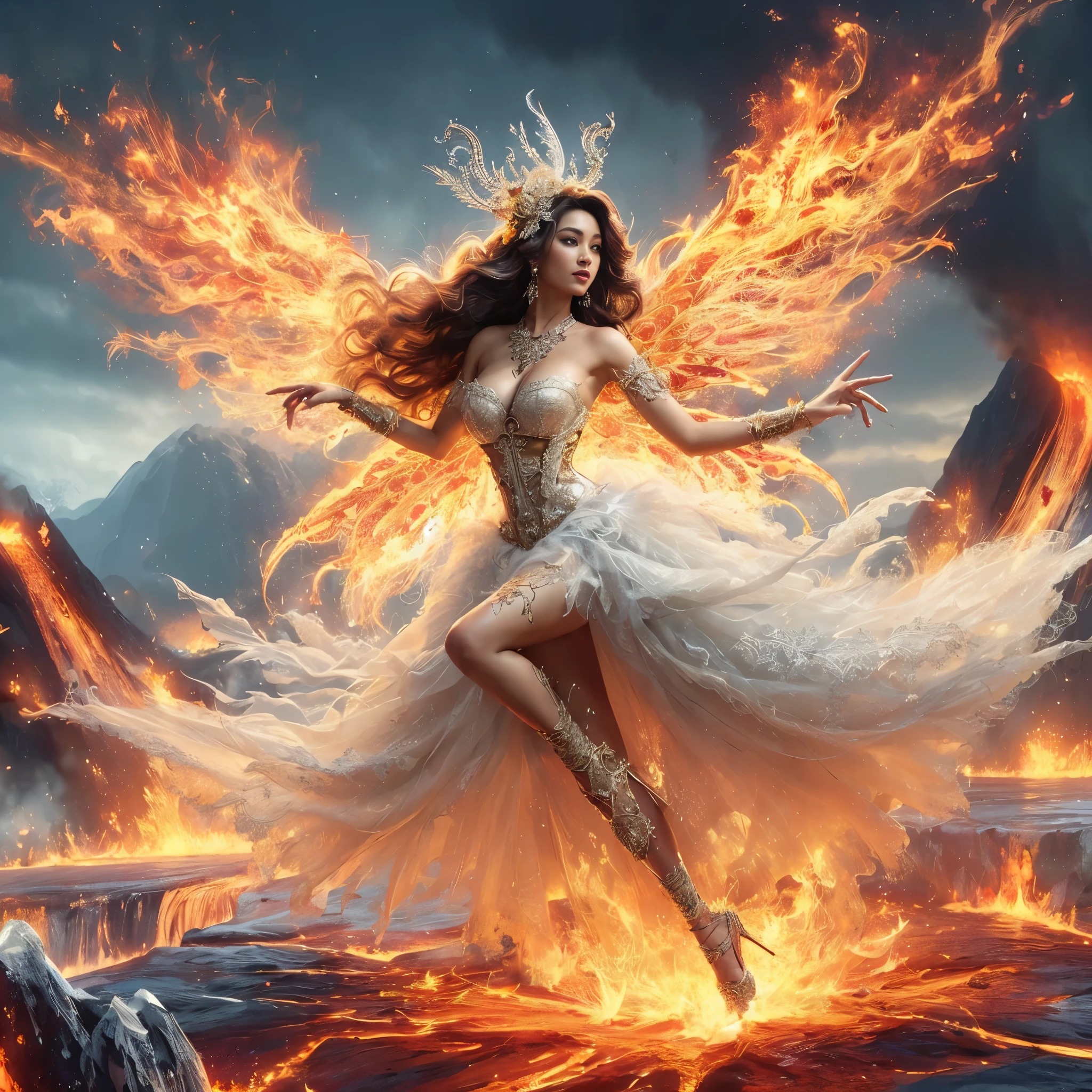 arafed woman with bustier gigantic breast in a 
Tight fire corset and flame dress in front of a building, wearing an ornate outfit, ornate dress, intricate dress, elegant flame corset, ornate and elegant, extravagant dress, inspired by Hedi Xandt, ornate attire, intricate outfit, ornate royal gown, ornate clothing, ornate gown, intricate and elegant, intricate detailed dress, ornate , royal dress, detailed hand, detailed finger, Fire in the body, Fire on the dress, Fire element, Fire wings, Transparent clothing, masterpiece, best quality:1.2),,(8k,highres,RAW photo,realistic,photo-realistic:1.3),(detailed skin texture,detailed cloth texture,detailed flame texture, beautiful detailed face:1.25),professional lighting,photon mapping,beautiful soft light,radiosity,physically-based rendering,raytracing, model shoot style, model shoot style, (extremely detailed CG unity 8k wallpaper), full shot body photo of the most beautiful artwork in the world, (NSFW), (Nude), (Naked), (Nipple)