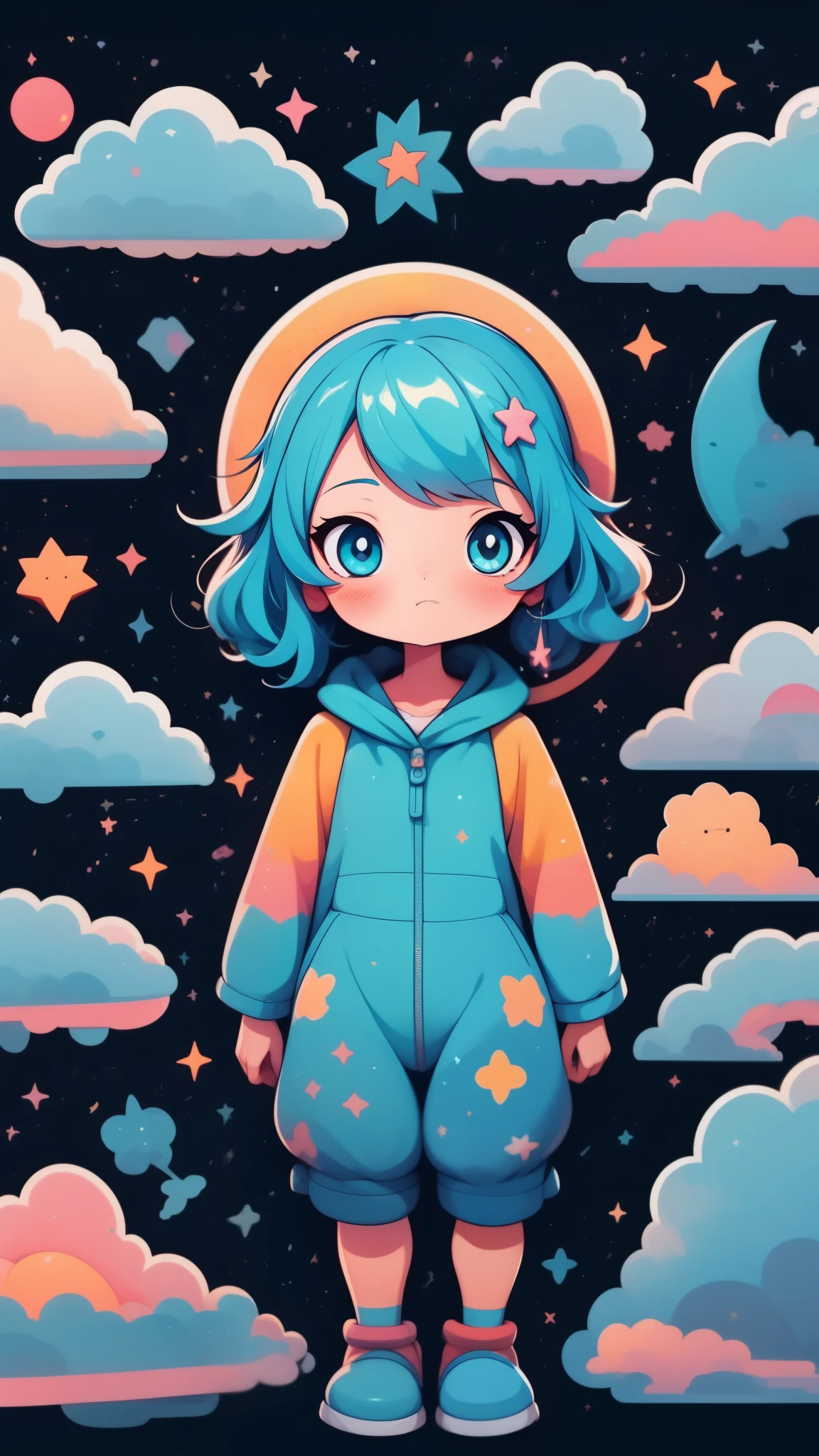 1 sticker girl, eye, Close up, Beautiful night sky, meteor shower, Beyond the clouds, Surrounded by water, Pondering, Wide angel, Breathtaking clouds, wide angles, By Makoto Shinkai, tomas kinkade, James Gilead, Achieve the landscape through holographic sleep, hdr, voluminetric lighting, Ray tracing, intricate complexity, High details, Very detailed, Deviant-art, 4k vertical wallpaper,, Colorful, Airy, anime illustration, anime nature wallpaper