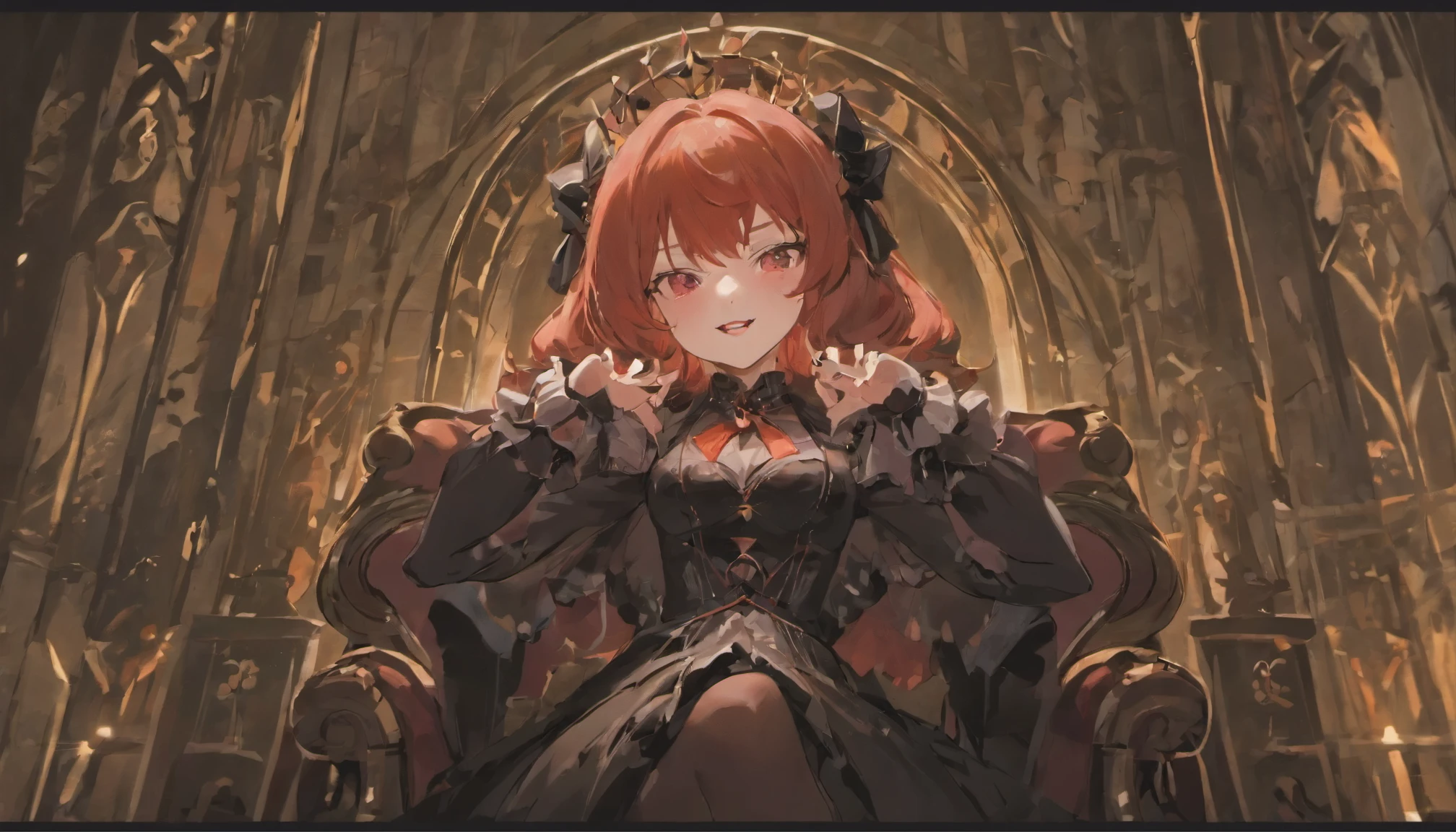 Mature red-haired female vampire,Tall posture,Full body in camera,sitting on an royal throne,Look down on all beings,red luminous eyes,Huge multi-layered pupils with color gradients,Head up,Pupil looking at the camera,grinning smile,The vampire's fangs are exposed at the corners of the mouth,A contemptuous smile,Black Lolita costume,15D black stockings,Sit with your legs up,Recline on the armrest of the chair,The upper body rests on the armrest,Place one hand on the arm of the chair to support your cheek,Pupil highlight,The characters are rich in detail,Delicate Face Portrayal,Delicate costume portrayal,Delicate gesture portrayal,Cool tones,the night,Pitch-black castle interior,Huge glass floor-to-ceiling windows,The icy moonlight shone on the ground through the window,Most of the interior is pitch black,Contre-Jour,Image sharpening,Colorful,The characters are highly sharpened,16k,elevation shooting,detail-rich