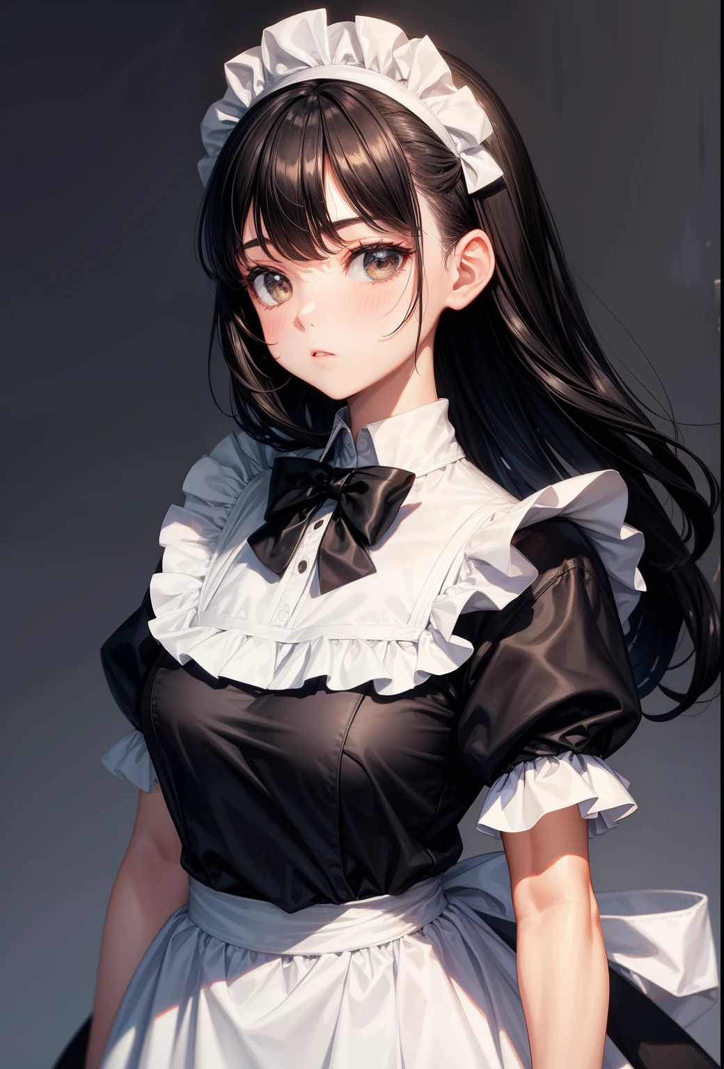 1 girl, upper body, big face, black hair, white dress, white apron, black bow, Simple background