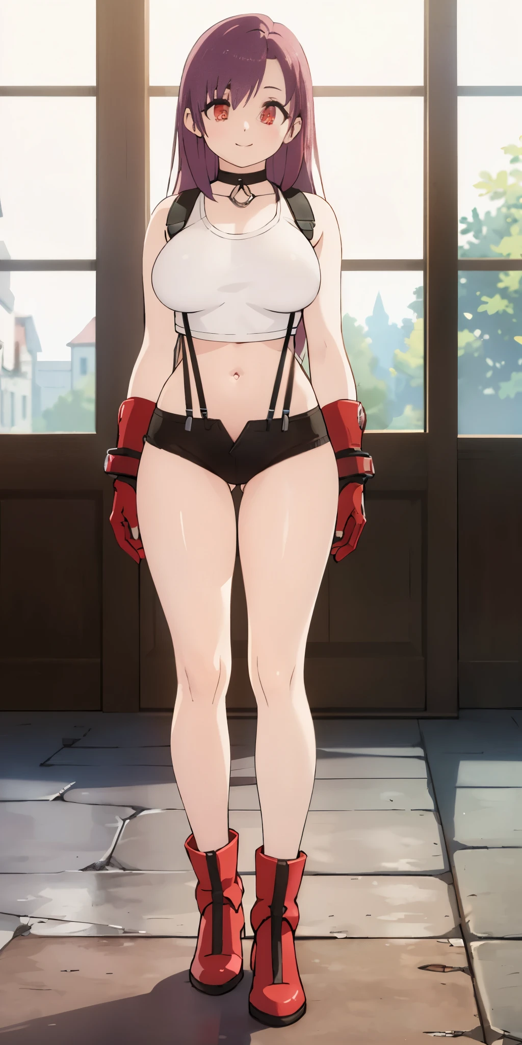 (8k, best quality, masterpiece:1.2), (realistic, photo-realistic:1.37), (full body), standing, legs apart, (wide stance) standing contrapposto, ultra-detailed, 1 girl,cute, solo, (tifa lockhart), (large breasts:1.5), (beautiful detailed eyes), (smile:1.2), (closed mouth), sharp focus, depth of field, good composition, Final Fantasy VII, very long straight hair, hair bang, ((red_eyes)), intricate, bokeh, (Tetsuya Nomura style), perfect breasts, white tank top, black thong, suspenders, gloves, stockings, toned body, athletic, wide hips, thin waist, toned arms, exposed abdomen, view from behind