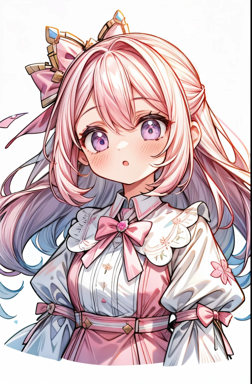 1 girl, upper body, big face, Rozheva has hair, white and pink dress, pink bow, purple flowers, Simple background