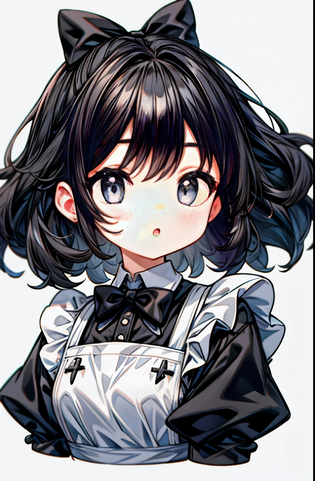 1 girl, upper body, big face, black hair, white dress, white apron, black bow, Simple background