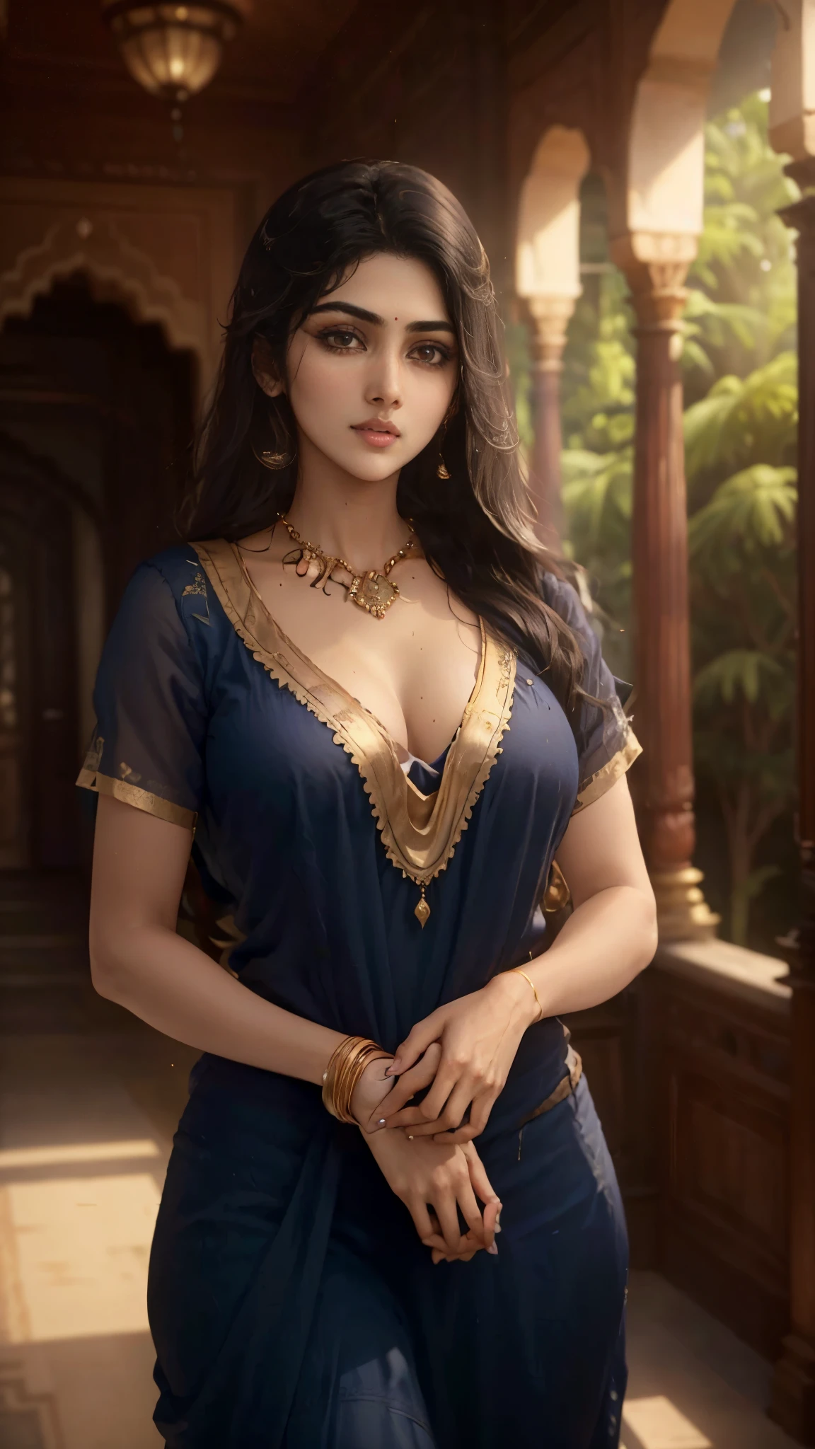 Rhea Chakraborty as a beautiful 21-year-old woman, She wears a gorgeous navy blue gagra and a long blouse, Eye mascara, eyeshadows, long eyeslashes, gold jewerly , Large breasts, Stand in the palace, Upper body, Front view, gros-plan, Pubic hair visible
