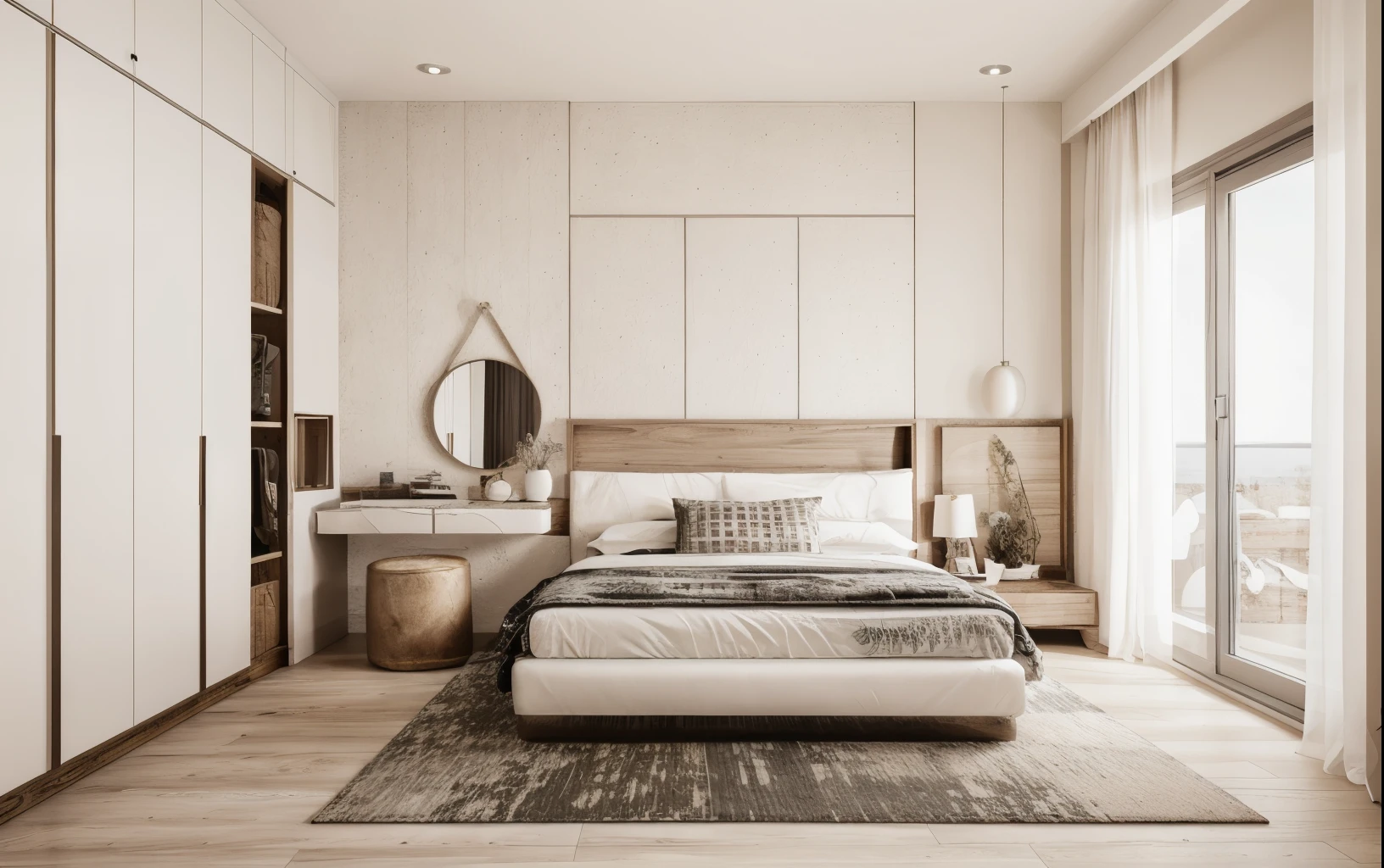 a 3x4 room with a combination of black,white,light brown color decoration, a single metal bed,white and light brown pc desk,light brown and white wall closet,window,white floor,white walls,vintage carpet