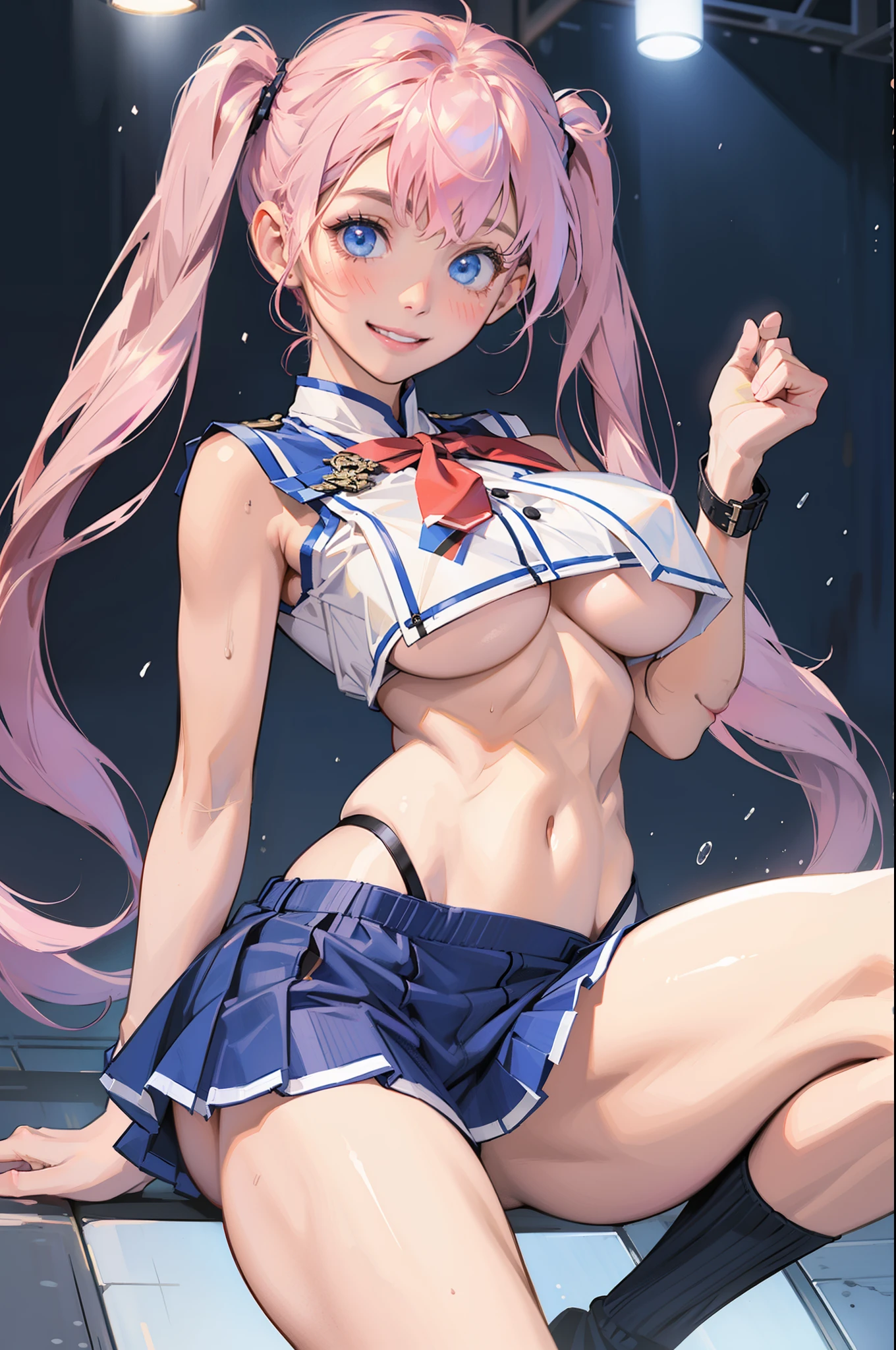 (8K、RAWE Photo、highest quality、masterpiece:1.2)、(real、photorealistic:1.37)、1 beautiful Japan 、small face:1.5、twintails hair, perfect body、18-year-old、y uniform、large bre8、(((breasts ap, Long milk:1.8, saggy breasts:1.8、undere thin)))、underboob、oily skin:1.5、thin、 (Sexy uniform with a sligview of the underside of the chest)、((目に見えるunderboob、Uniform with visible ribs and belly button))、Super miniskirt vie、((look at the audience))、Very blush, smile,