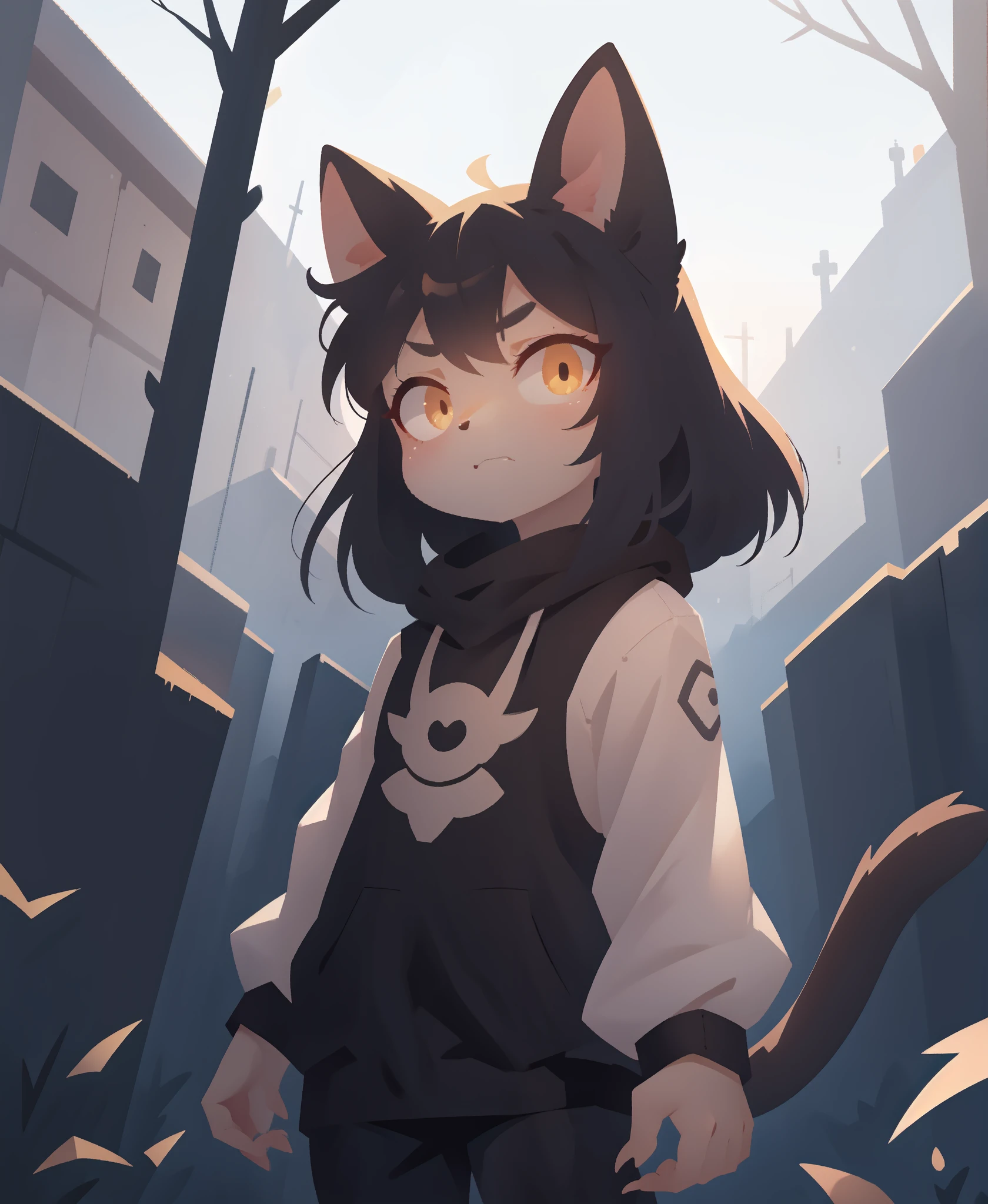 anime style, human, 1girl, cat girl, (black hair), (golden eyes), cat ears, cat tail, dark forest setting, detailed background, (grimdark atmosphere), knight armor, (sinister looking), (sharp claws), (intense expression), masterpiece, (by ryohei hase), (by hews hack), (by tinkle), anime absurdres illustration, drawing, (lineart:0.6), (superflat, flat shading, flat colors:1.1), (vibrant colors:1.1)