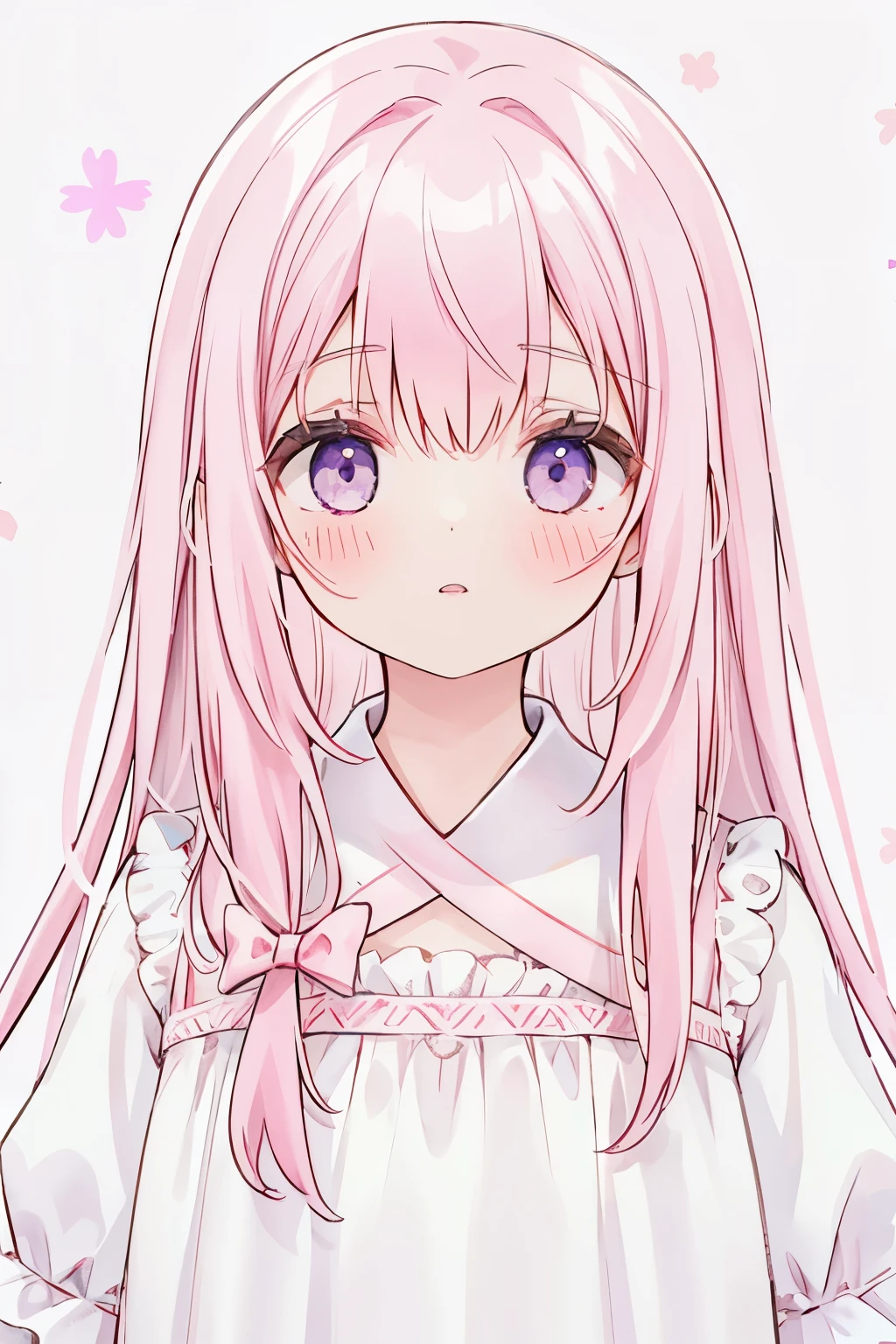 1 girl, upper body, big face, Rozheva has hair, white and pink dress, pink bow, purple flowers, Simple background