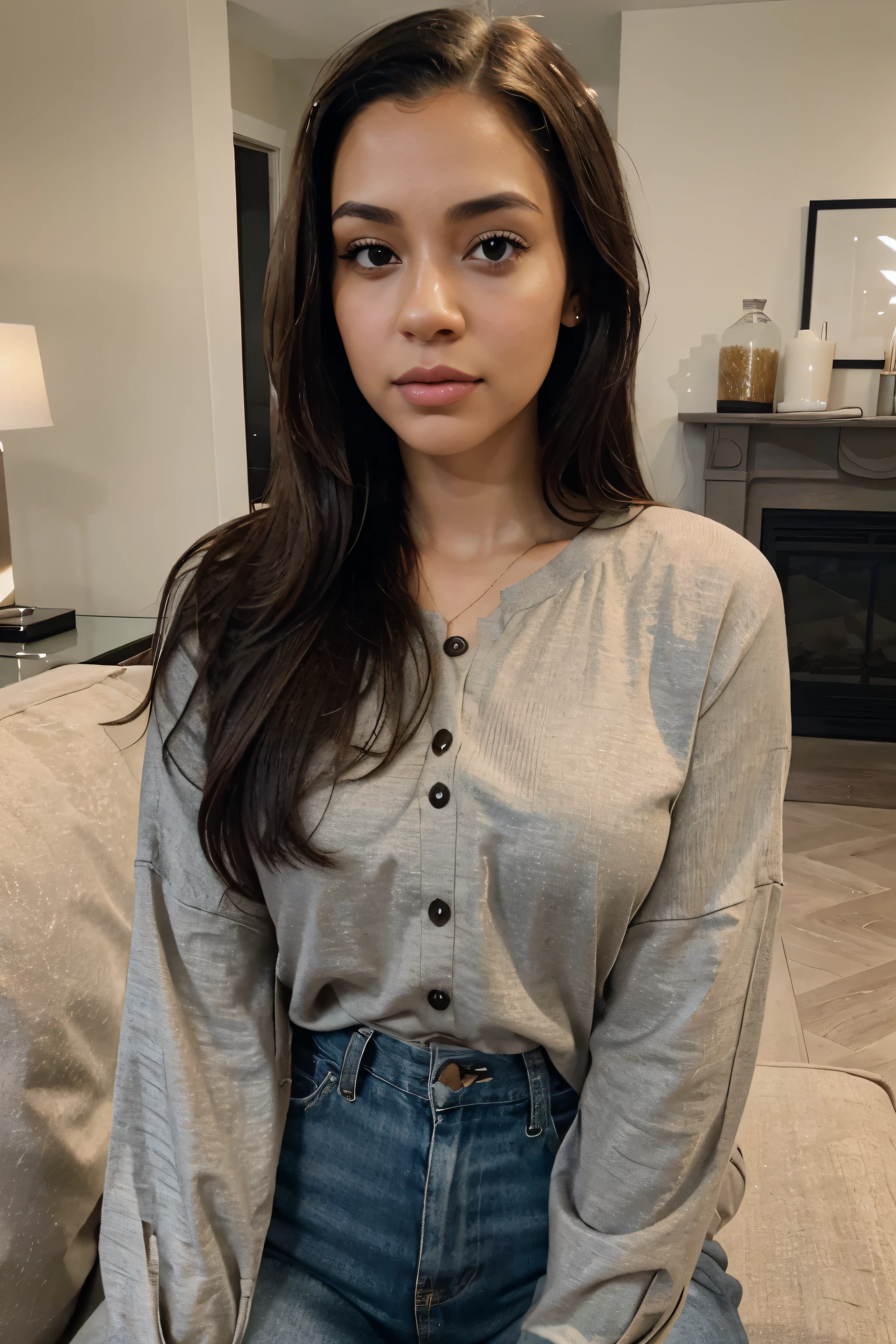 Instagram picture of light skinned woman with dark hair, dressed modestly, in a livingroom, photorealistic, real life instagram quality