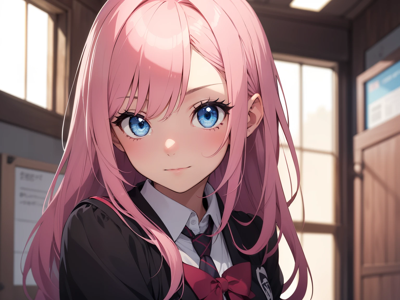 (((1girl))), ligth blue eyes, style novel, dash isekai anime, long pink hair, school uniform, vivid collors, style novel, super detailed, Yandere face