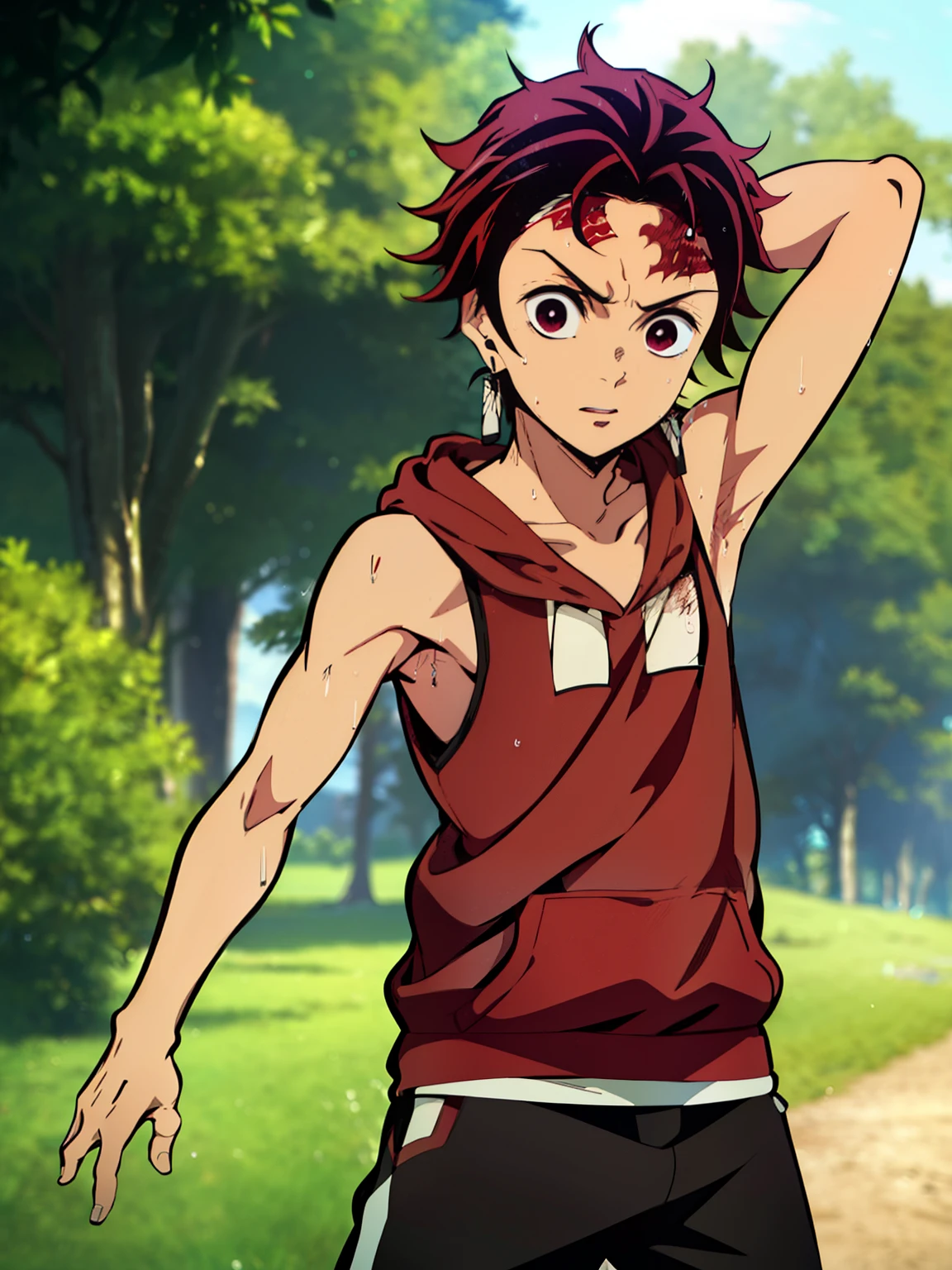 Highres, Masterpiece, Best quality at best,Best Quality,hight quality, hight detailed, 1boy, Tanjirou, Red hair, Earring, Shota, Sleeveless hoodie, Sweat, Slim body, (Showing armpit:1.4), Seen from front, (young boy), ***************s