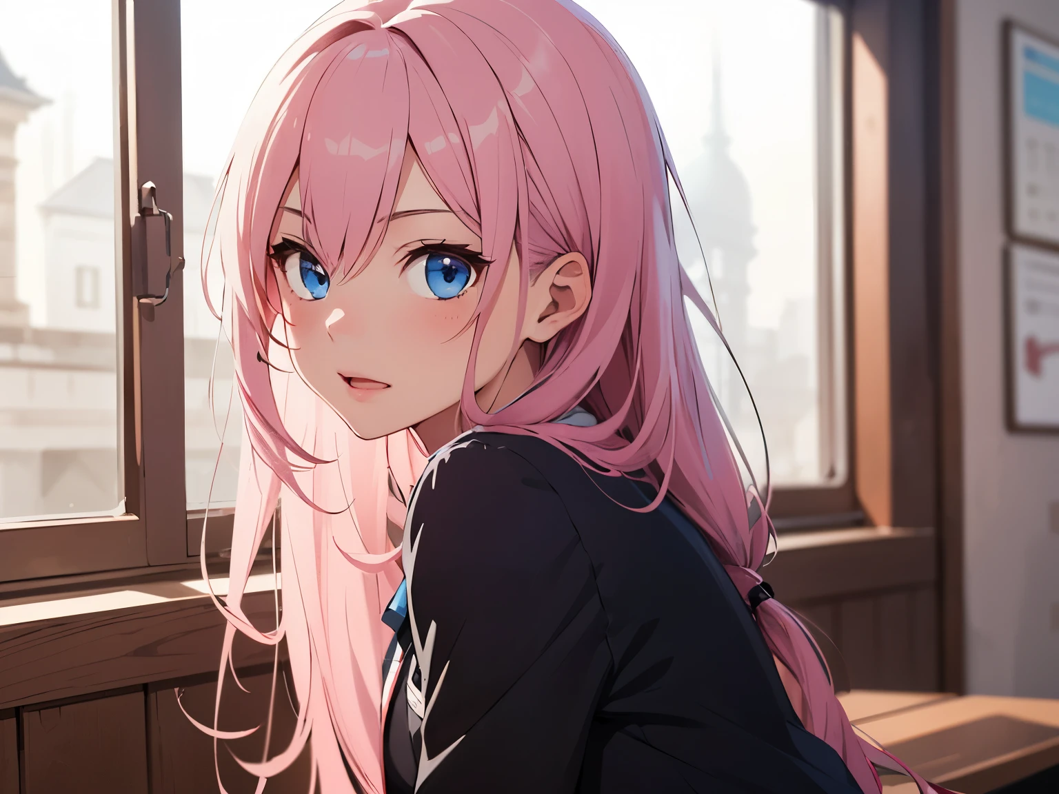 (((1girl))), ligth blue eyes, style novel, dash isekai anime, long pink hair, school uniform, vivid collors, style novel, super detailed, Yandere face