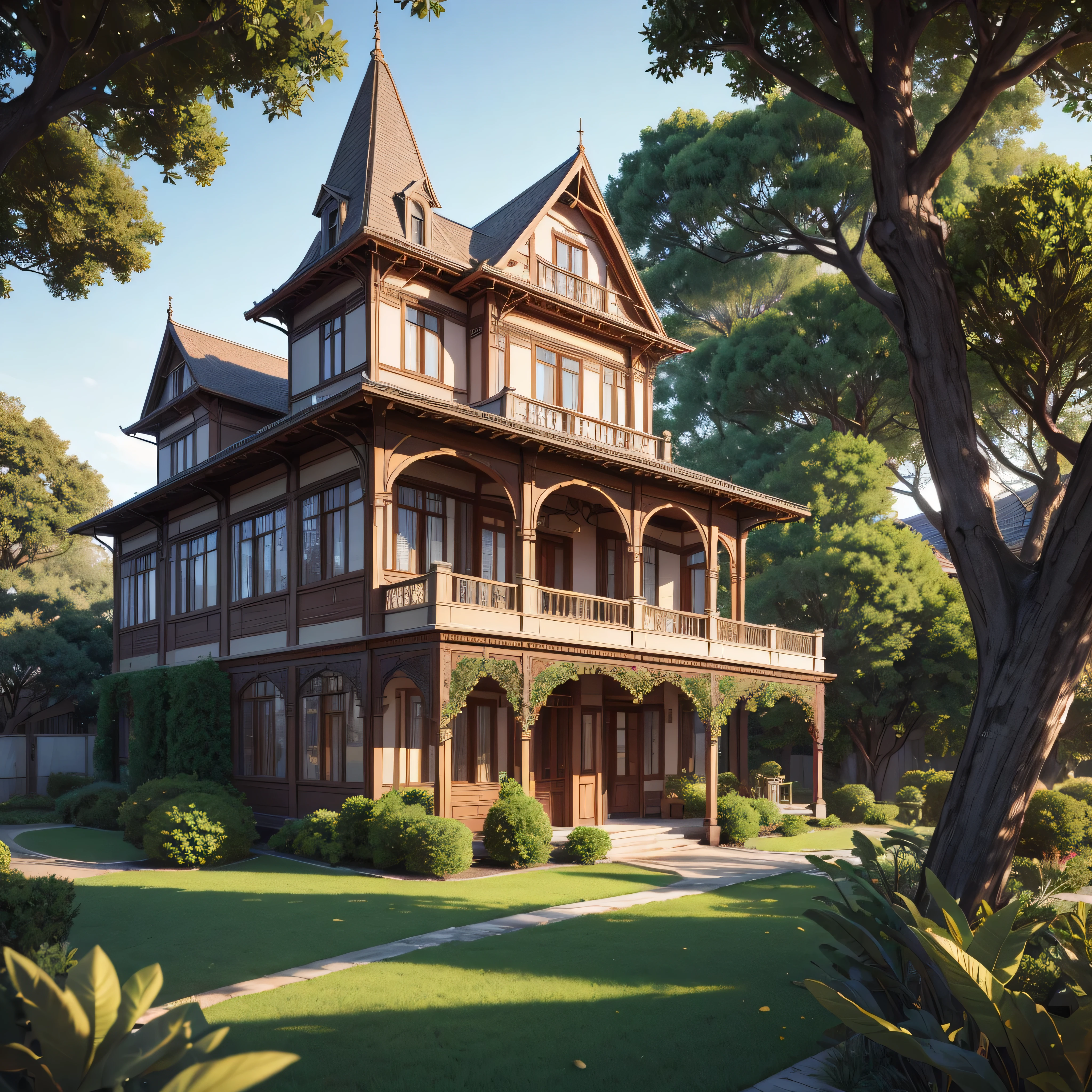 beautiful house with Victorian architecture with trees and gardens (photorealista:1.4, realista), highly detailed 8K unified CG wallpapers, bairro pacata, 8K Ultra HD, dslr, soft lighting, alta qualidade, Film grain, Fujifilm XT3