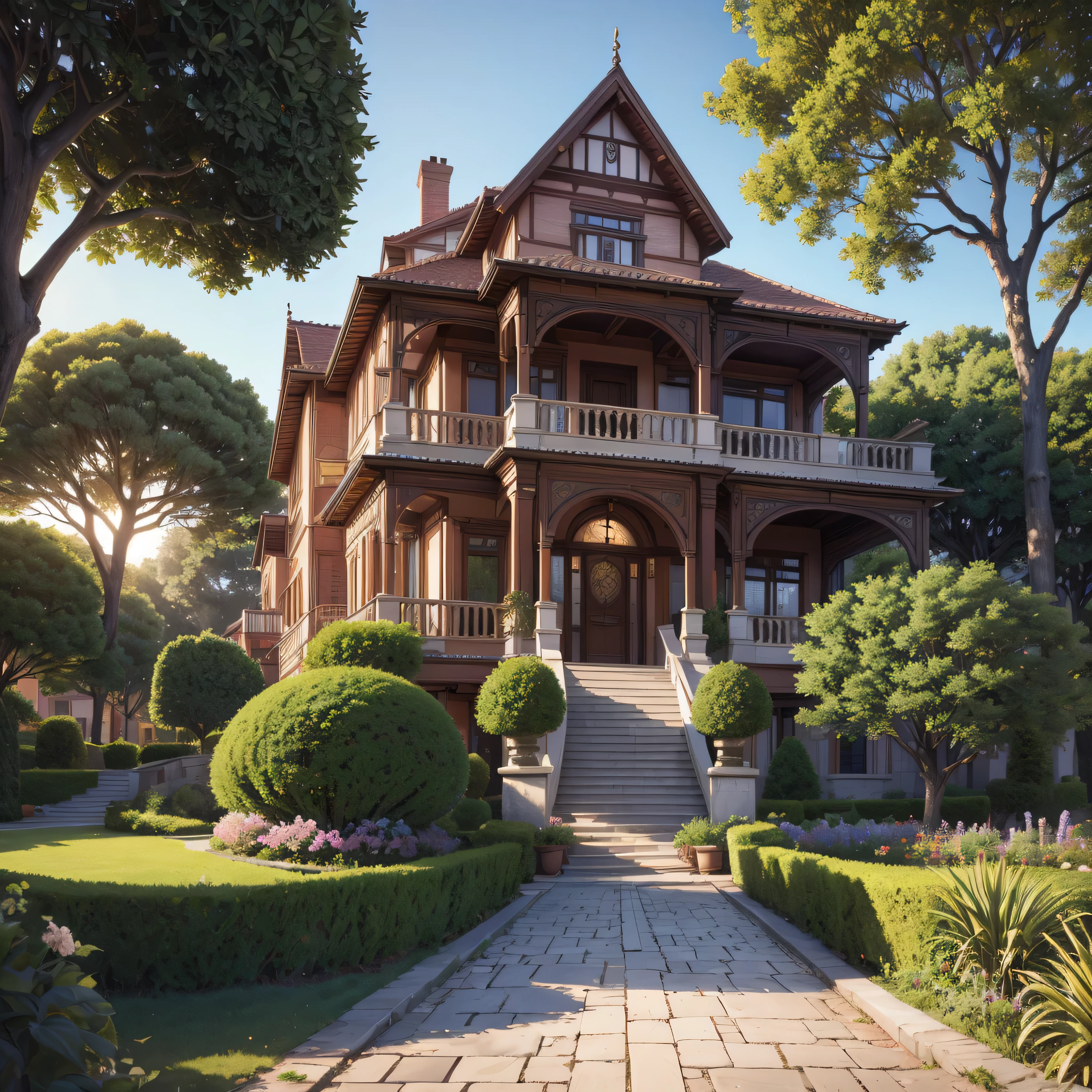 beautiful house with Victorian architecture with trees and gardens (photorealista:1.4, realista), highly detailed 8K unified CG wallpapers, bairro pacata, 8K Ultra HD, dslr, soft lighting, alta qualidade, Film grain, Fujifilm XT3