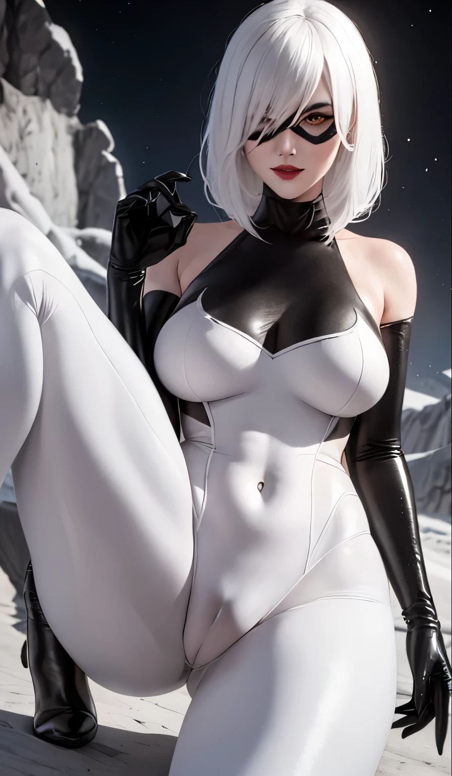 4K,realisticlying,Glamorous,The very detailed,There a girl in Dingcheng,White hair,Wearing a black cat costume,(Black and white:1.4) the night,symbiote,venomize,a large amount of mucus,she a black cat,Black superhero theme,In front of the sky,Flushed complexion,( Open legs, camel-toe,, Vulvar shape:1.3),(GGCameltoe:1.3)Legs apart,25 age old,full bodyesbian