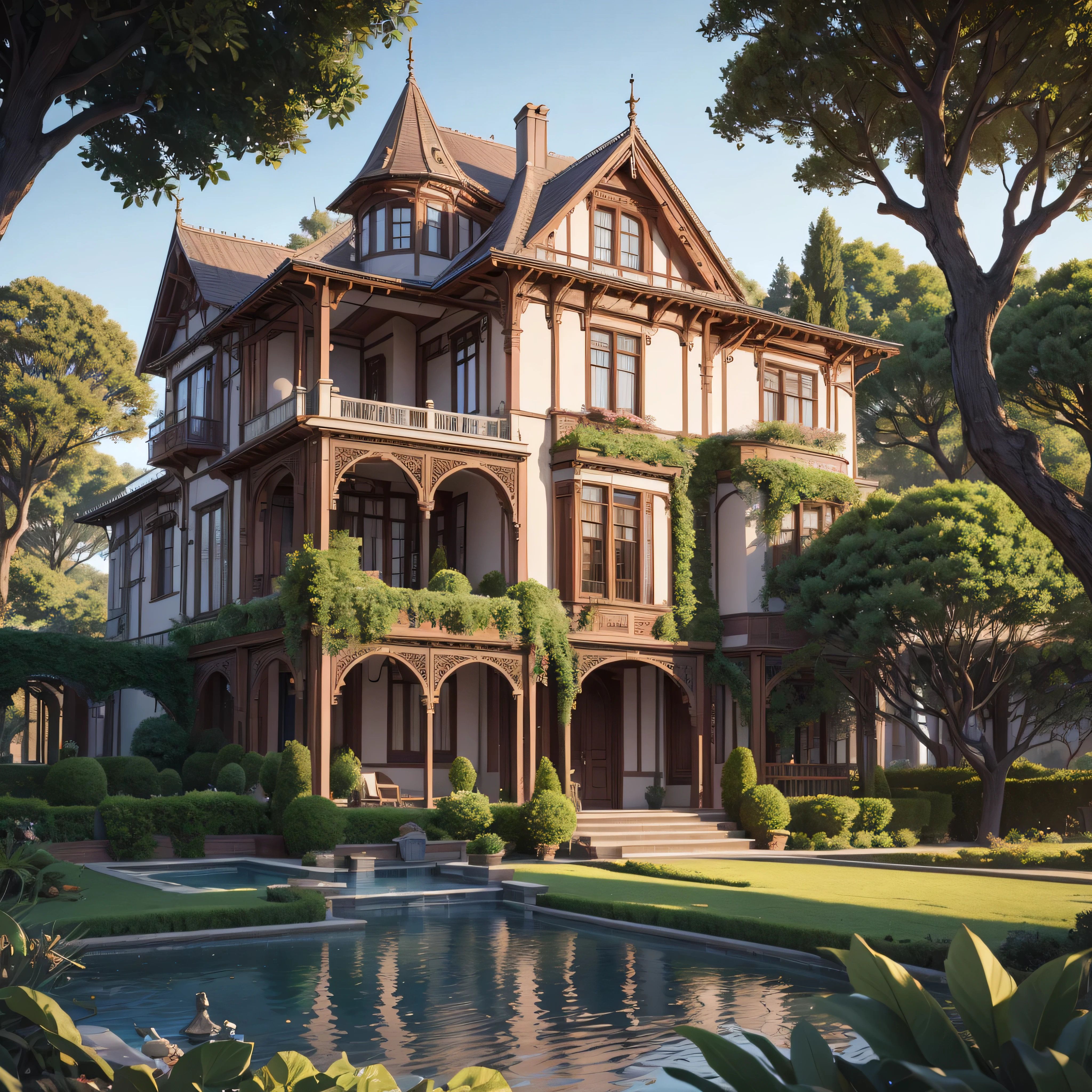 beautiful house with Victorian architecture with trees and gardens (photorealista:1.4, realista), highly detailed 8K unified CG wallpapers, bairro pacata, 8K Ultra HD, dslr, soft lighting, alta qualidade, Film grain, Fujifilm XT3