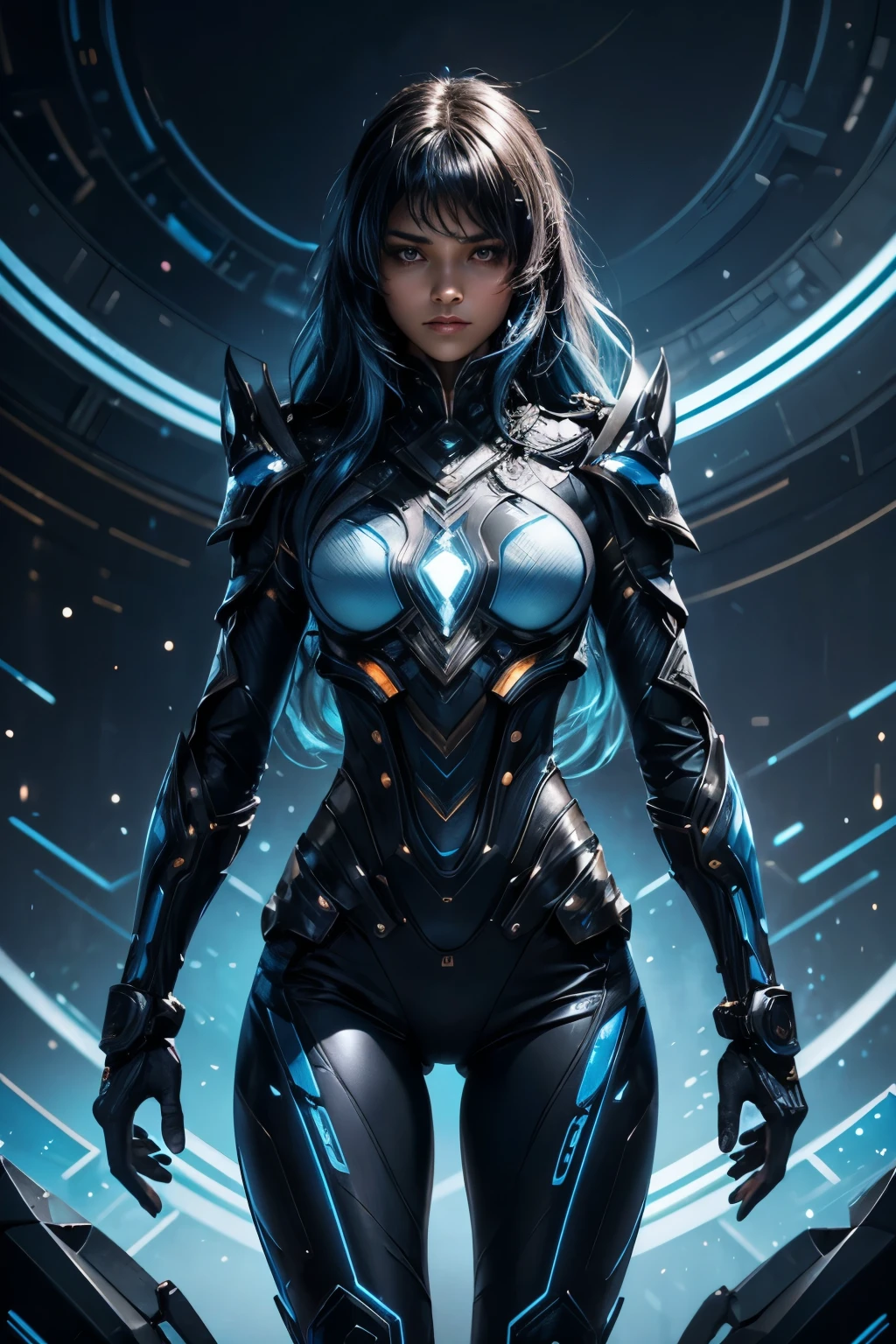 In the heart of a cutting-edge, technologically advanced battlefield, a powerful African girl warrior with slant eyes assumes a commanding stance. Her sleek futuristic armor, meticulously crafted with intricate designs, radiant shine and blue lights, hugs her toned body. The suit's polished surface beautifully reflects the vibrant, pulsating lights of her high-tech environment. With her blue wavy hair cascading down her back, framing her strong, chiseled features, she exudes an undeniable aura of determination and strength. Her determined expression, intensified by her fierce gaze, reveals her unwavering resolve to protect and defend against any potential threat in this advanced, intricately detailed. She is beautiful, has a cute face. Her skin tone is dark brown.