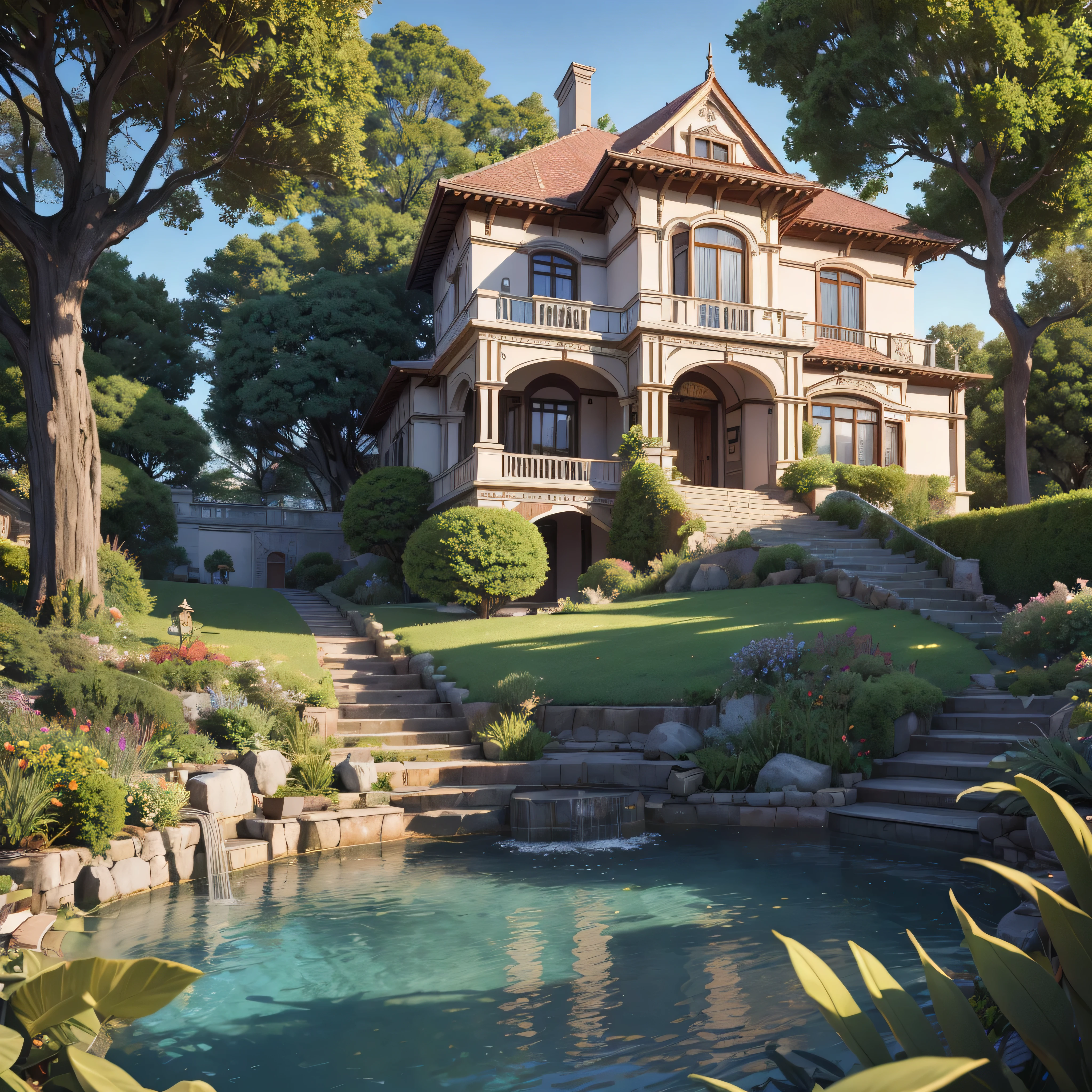 beautiful house with Victorian architecture with trees and gardens (photorealista:1.4, realista), highly detailed 8K unified CG wallpapers, bairro pacata, 8K Ultra HD, dslr, soft lighting, alta qualidade, Film grain, Fujifilm XT3